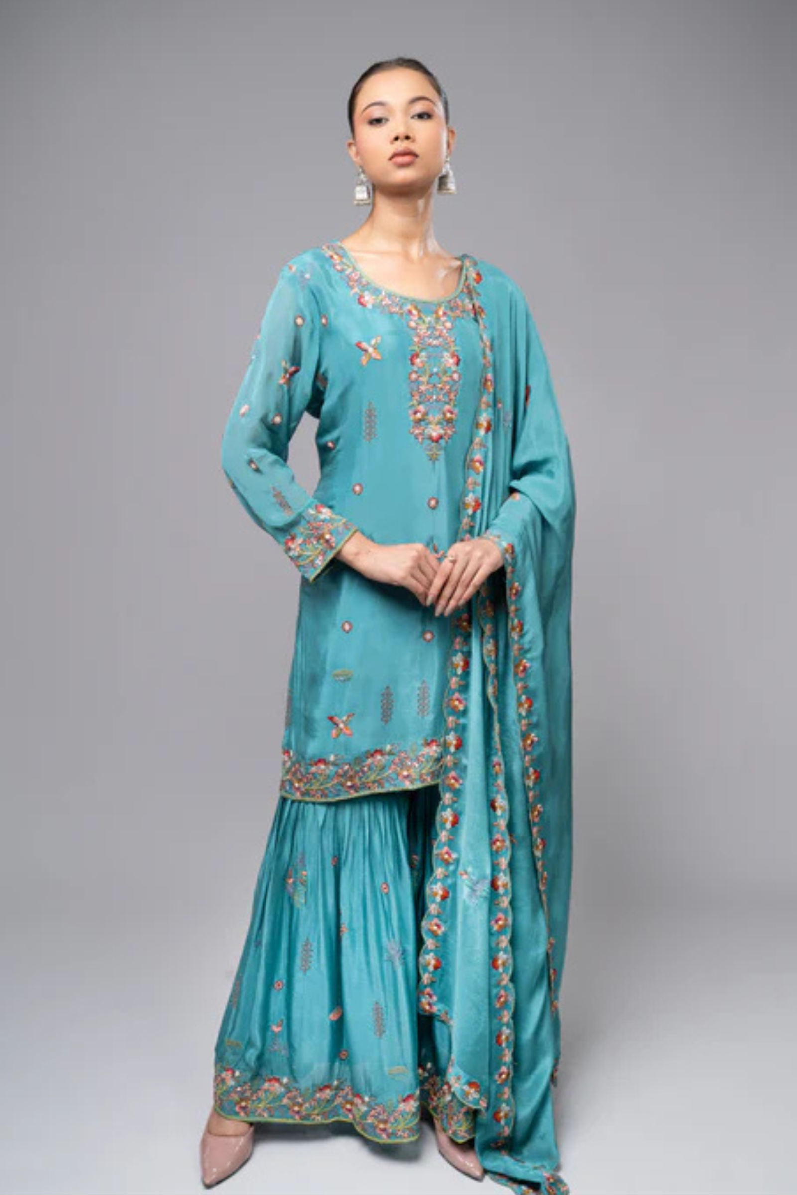 Sky Blue Garara Kurta Set with Pearl, Jarkan & Multicolor Embroidery