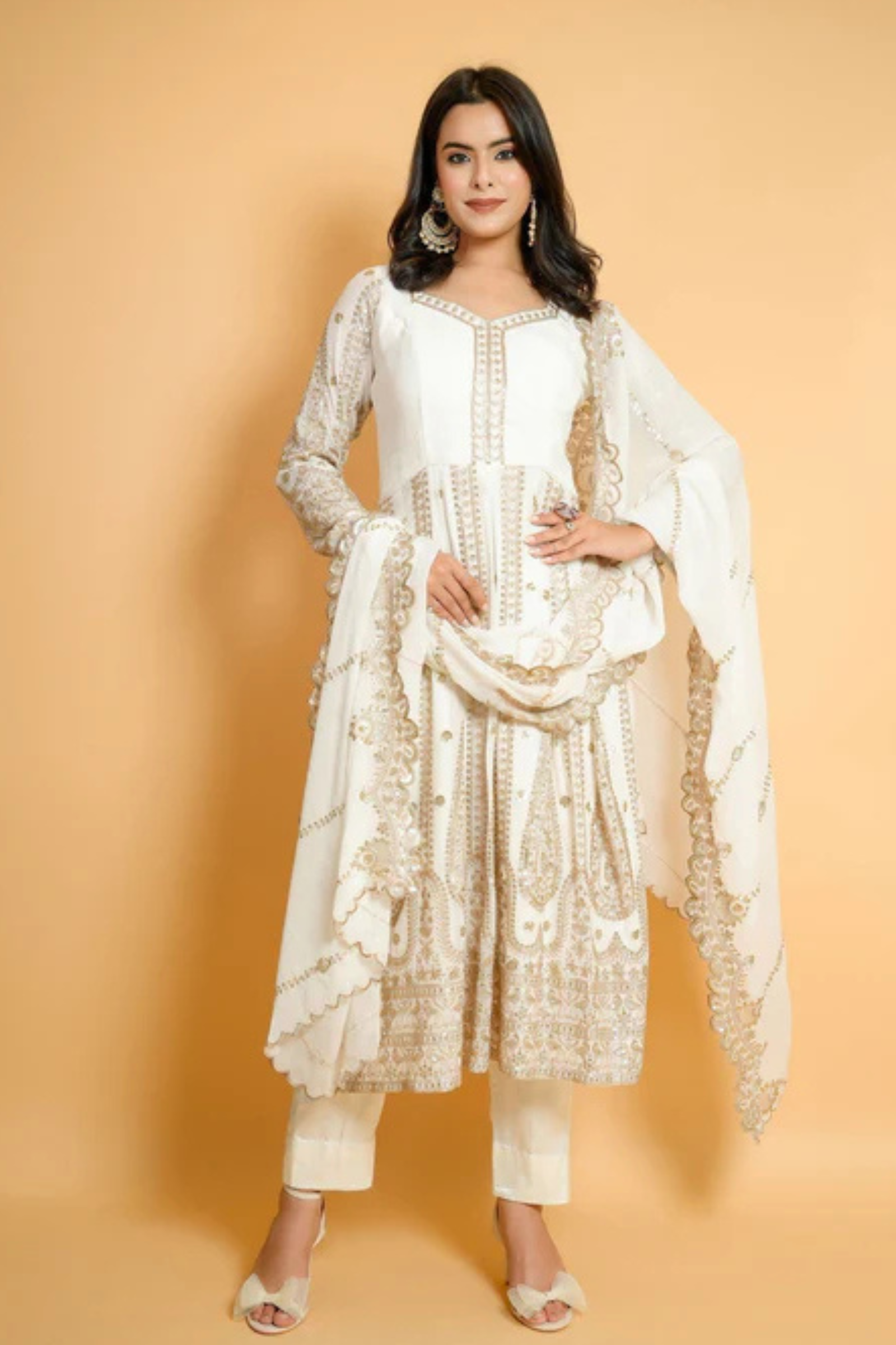 Ivory White Heavy Zari Embroidered Anarkali