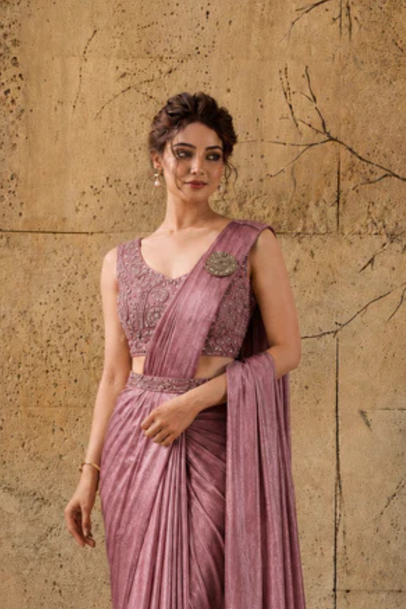 Rose Pink Lycra Pre-Draped Saree with Ready to Wear Blouse