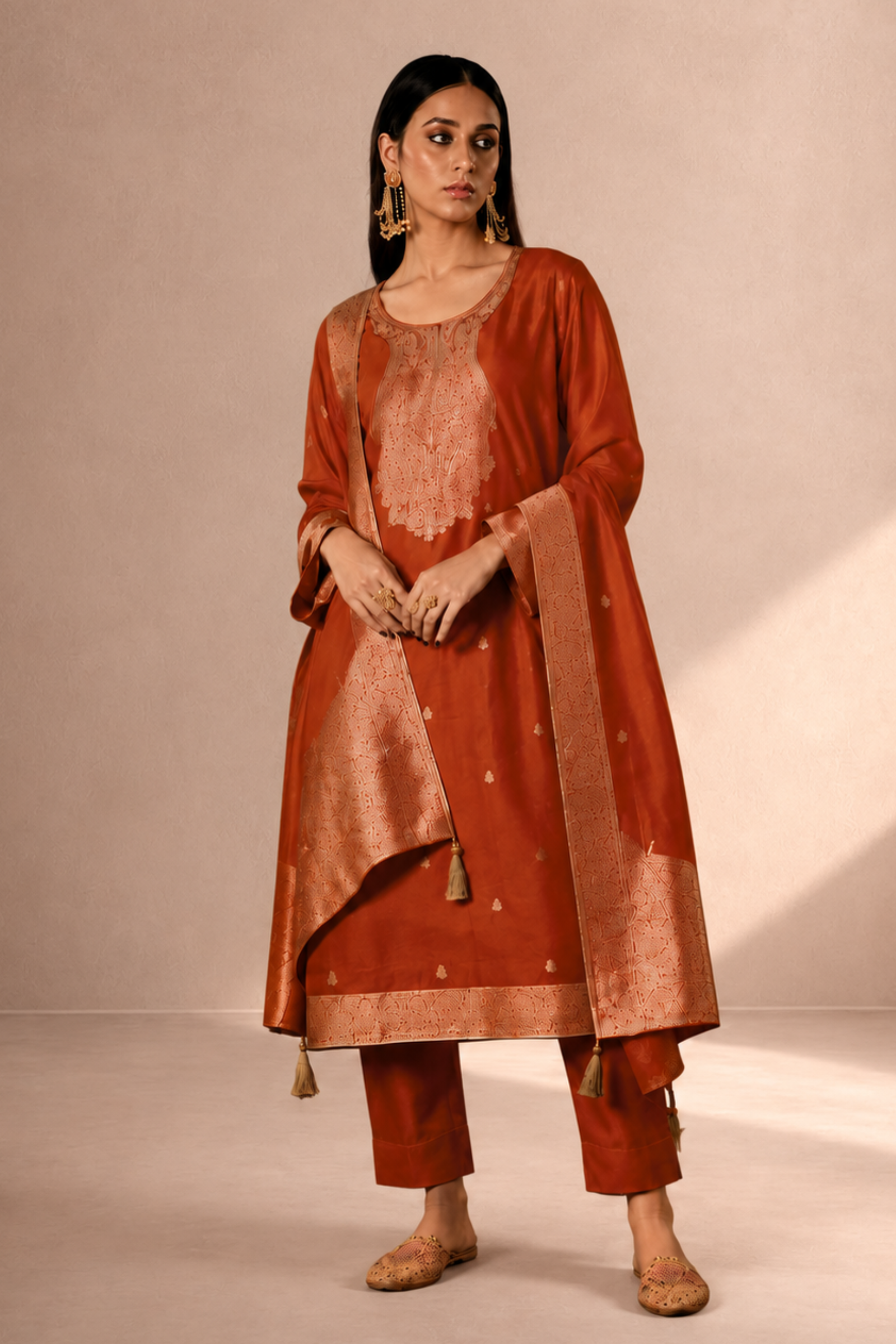 Rust Orange Premium Viscose Woven Silk Jacquard Suit Set with Hand Work Design