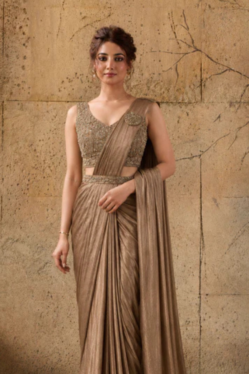 Mocha Brown Lycra Pre-Draped Saree with Ready to Wear Blouse