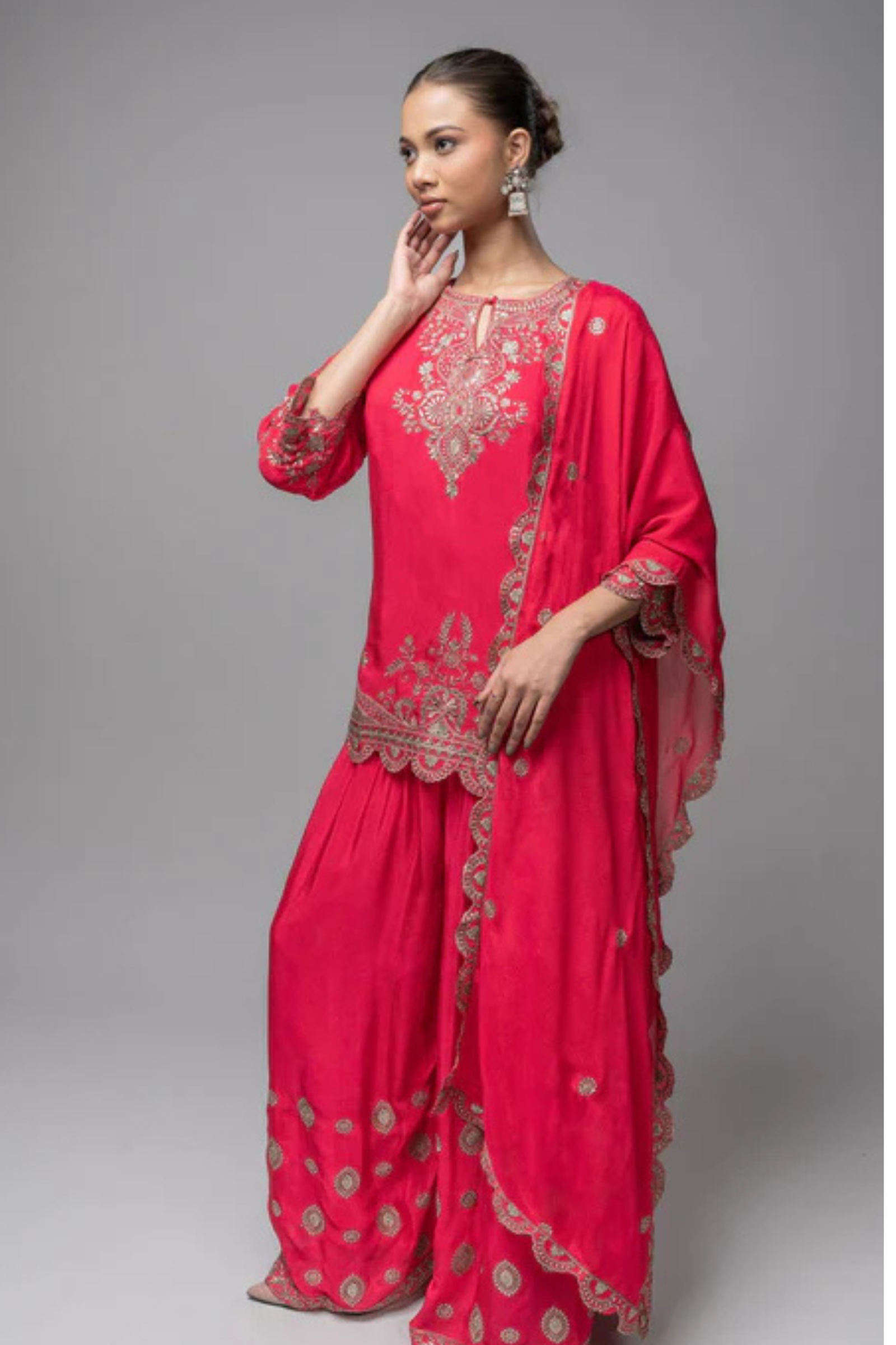 Orange Crepe Kurta Sharara Set with Golden Zari Embroidery