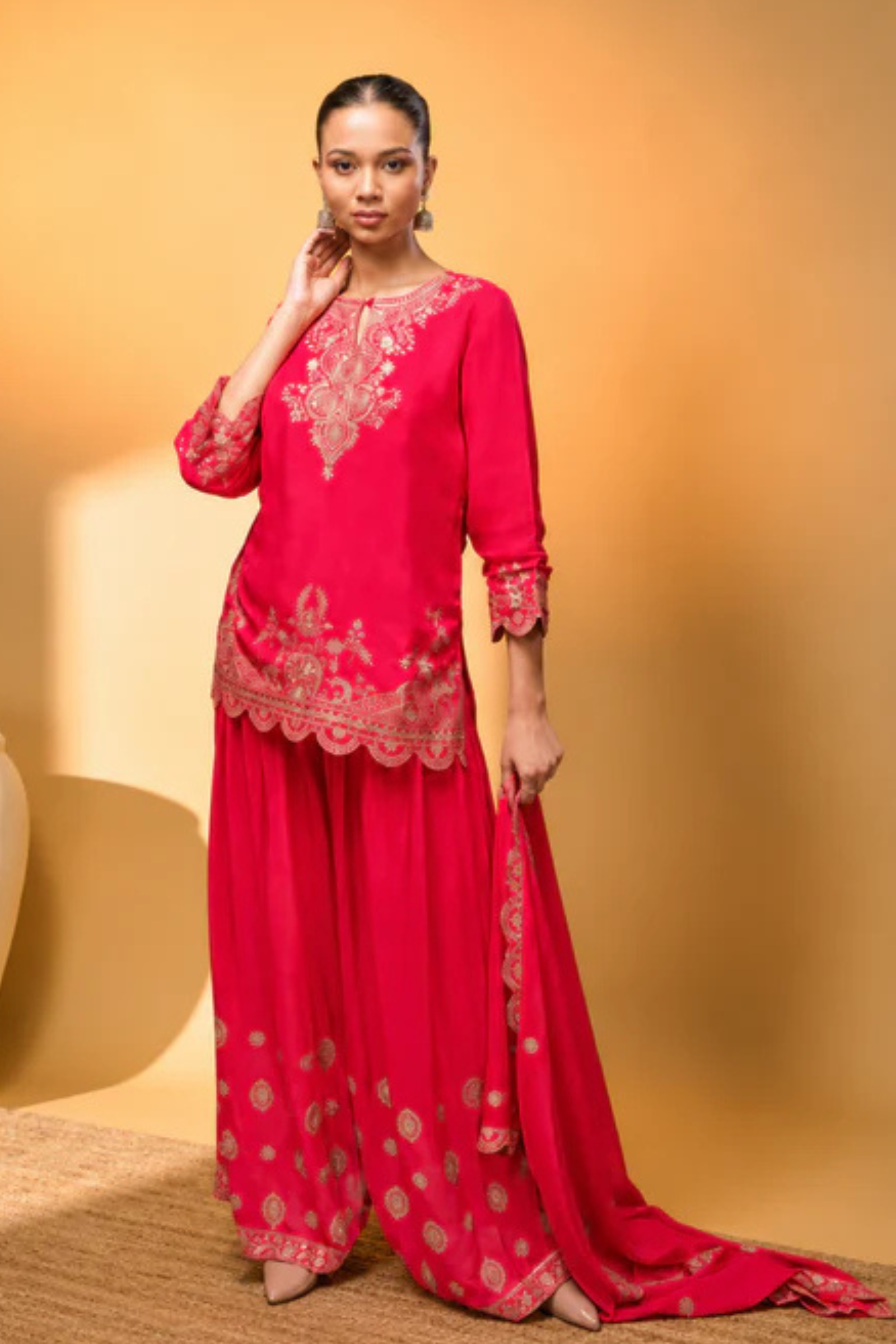 Rani Pink Crepe Kurta Sharara Set with Golden Zari Embroidery