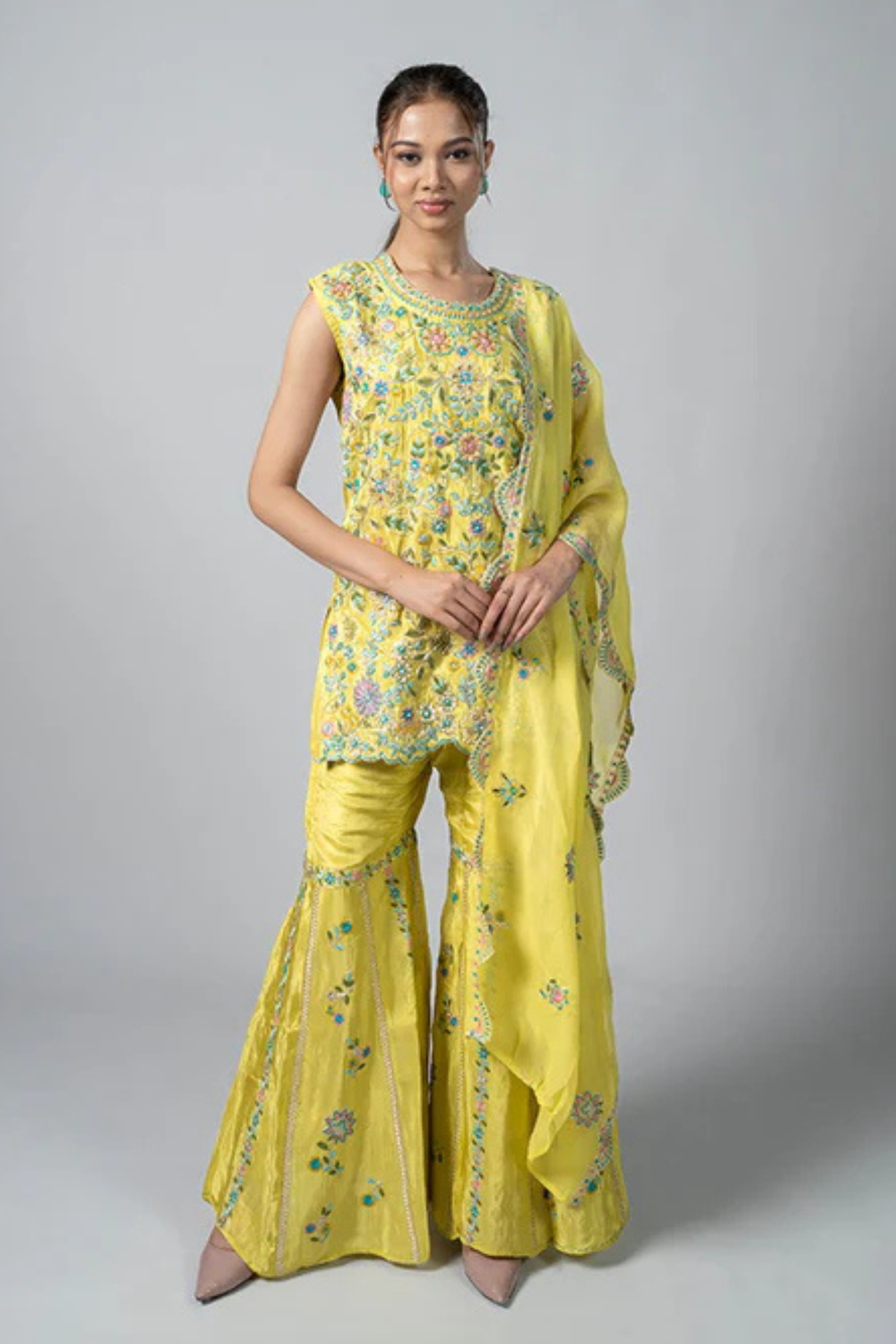 Lemon Green Crepe Garara Set with Pearl Embroidery