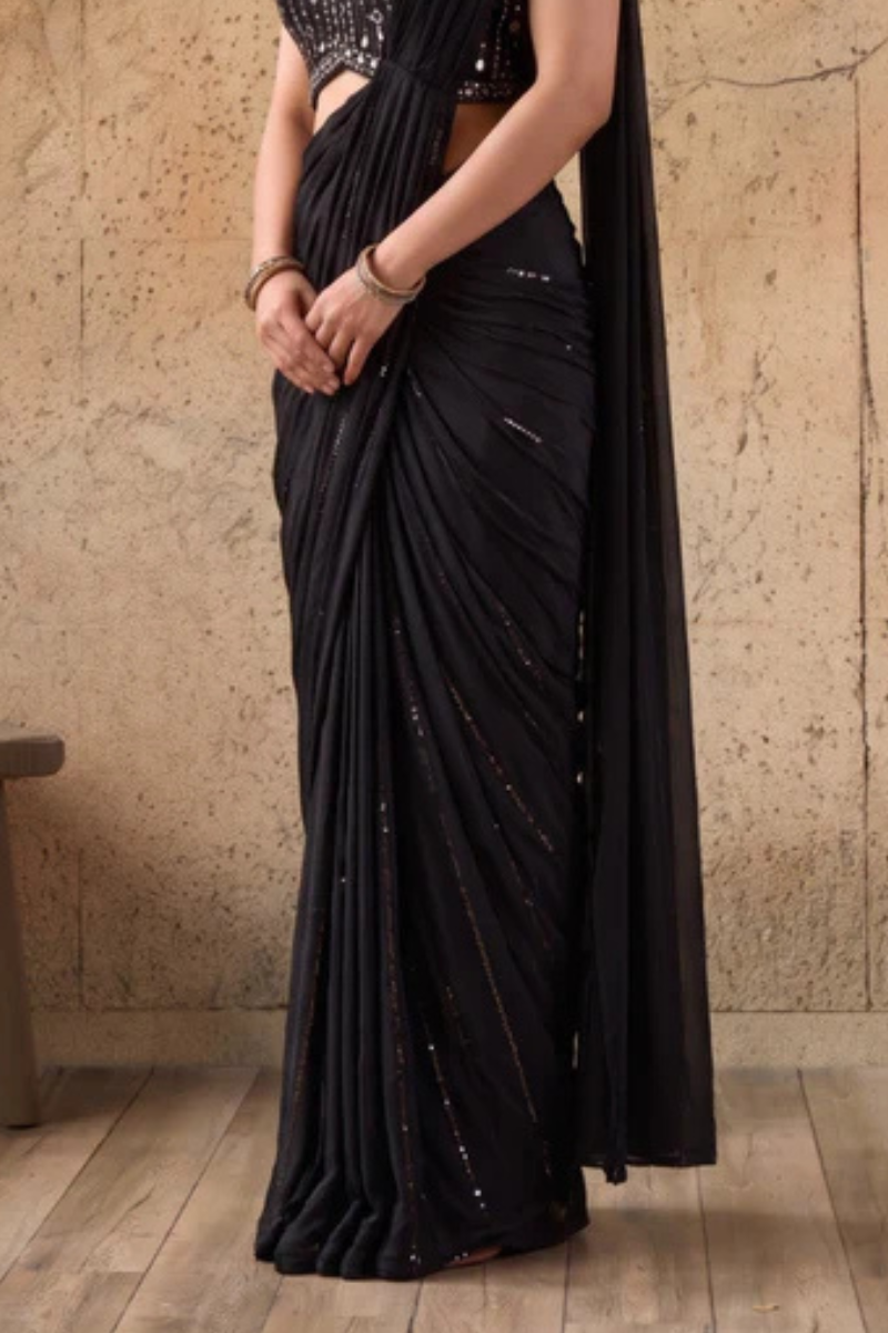 Black Lycra Pre-Draped Saree with Sequin Work and Ready to Wear Blouse