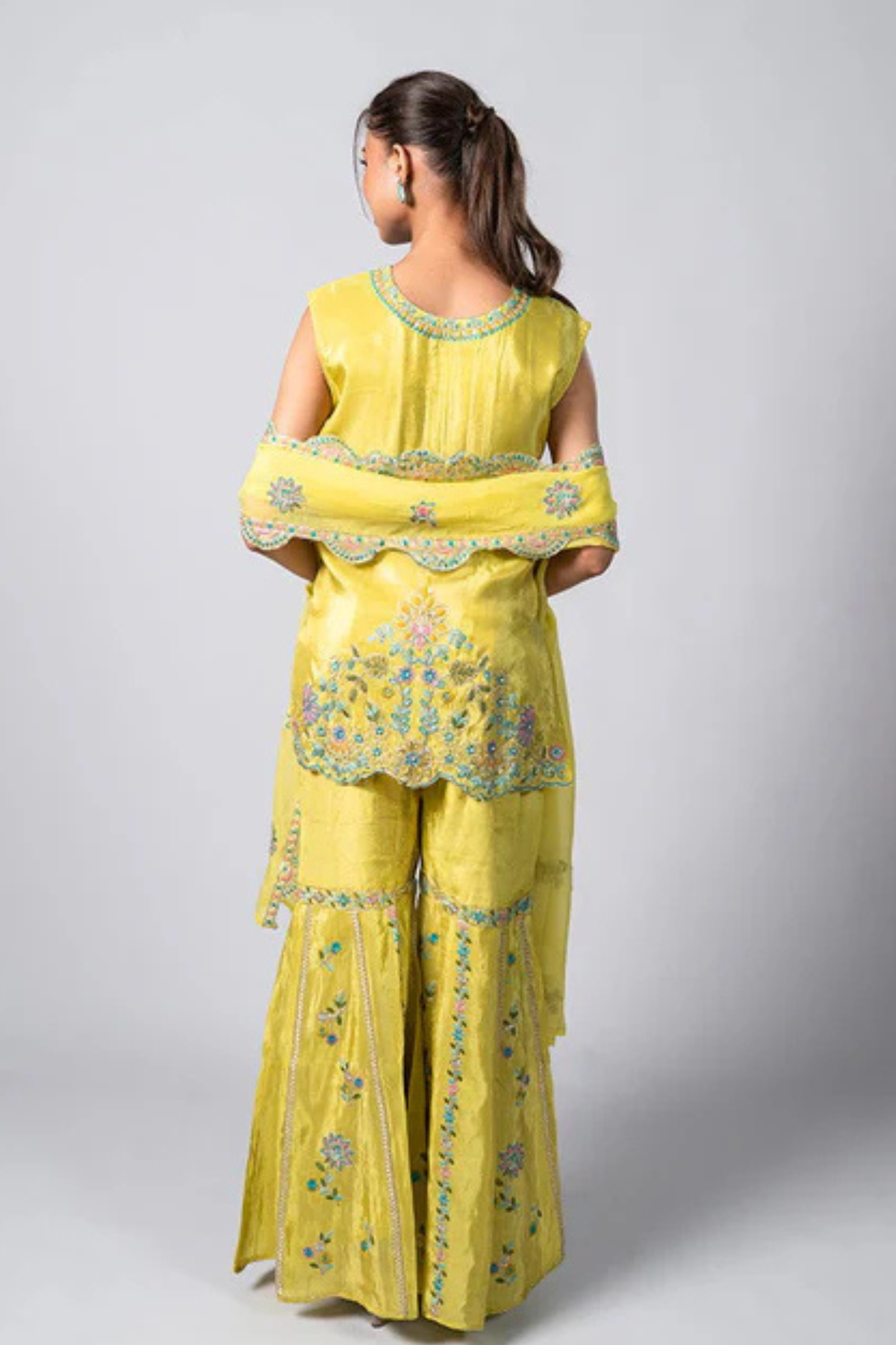 Lemon Green Crepe Garara Set with Pearl Embroidery