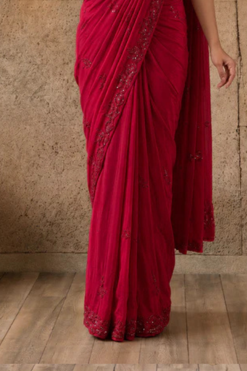 Red Lycra Pre-Draped Saree with Sequin Work and Ready to Wear Blouse