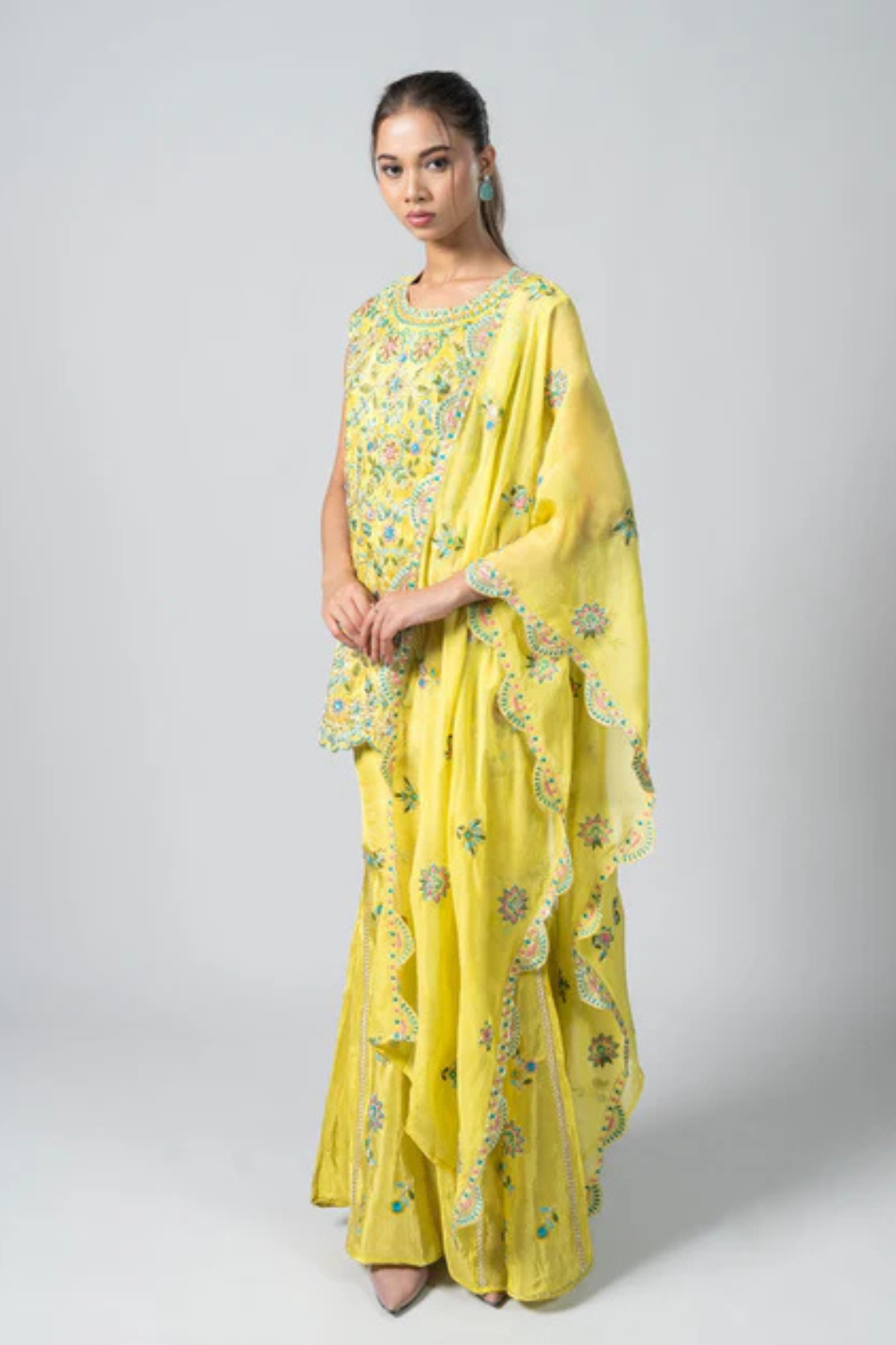 Lemon Green Crepe Garara Set with Pearl Embroidery