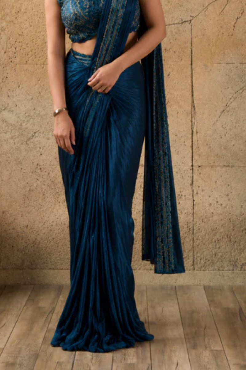 Teal Blue Georgette Pre-Draped Saree with Heavy Sequin Embroidered Ready to Wear Blouse