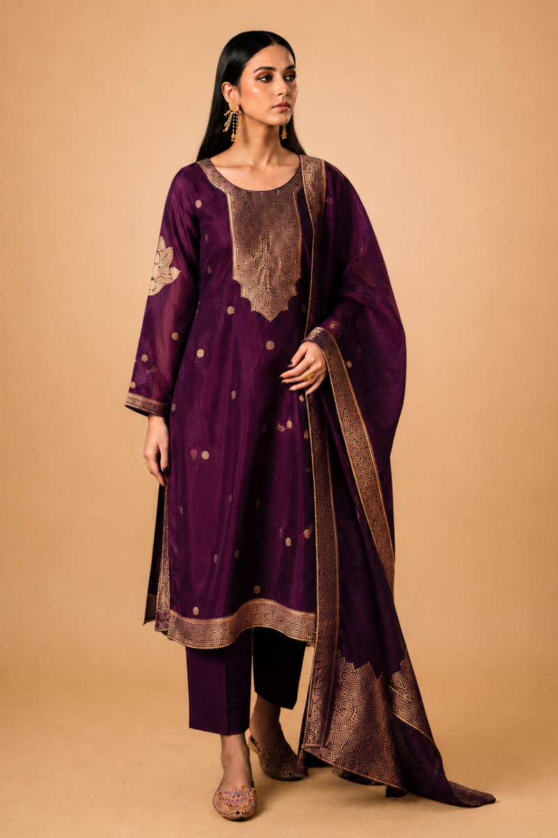 Wine Purple Premium Viscose Woven Silk Jacquard Suit Set with Hand Work Design