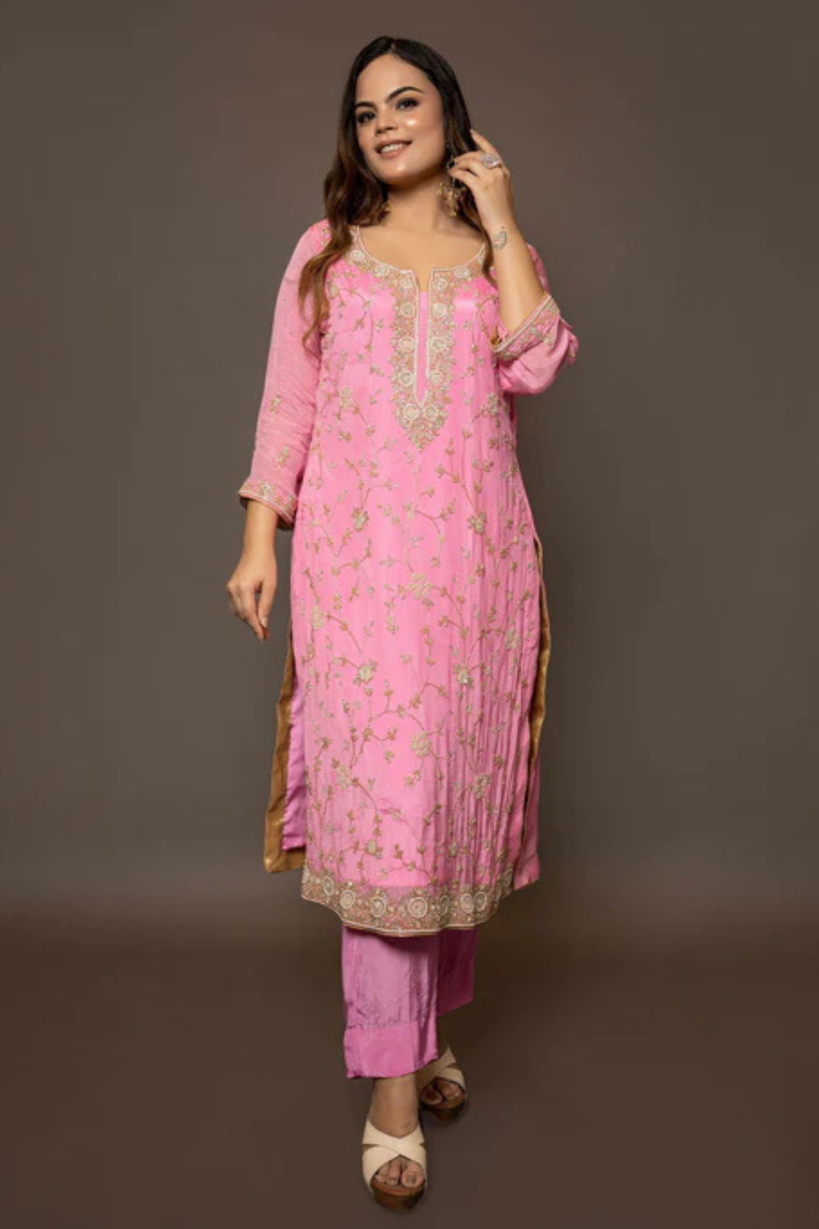 Baby Pink Georgette Suit with Hand Embroidery