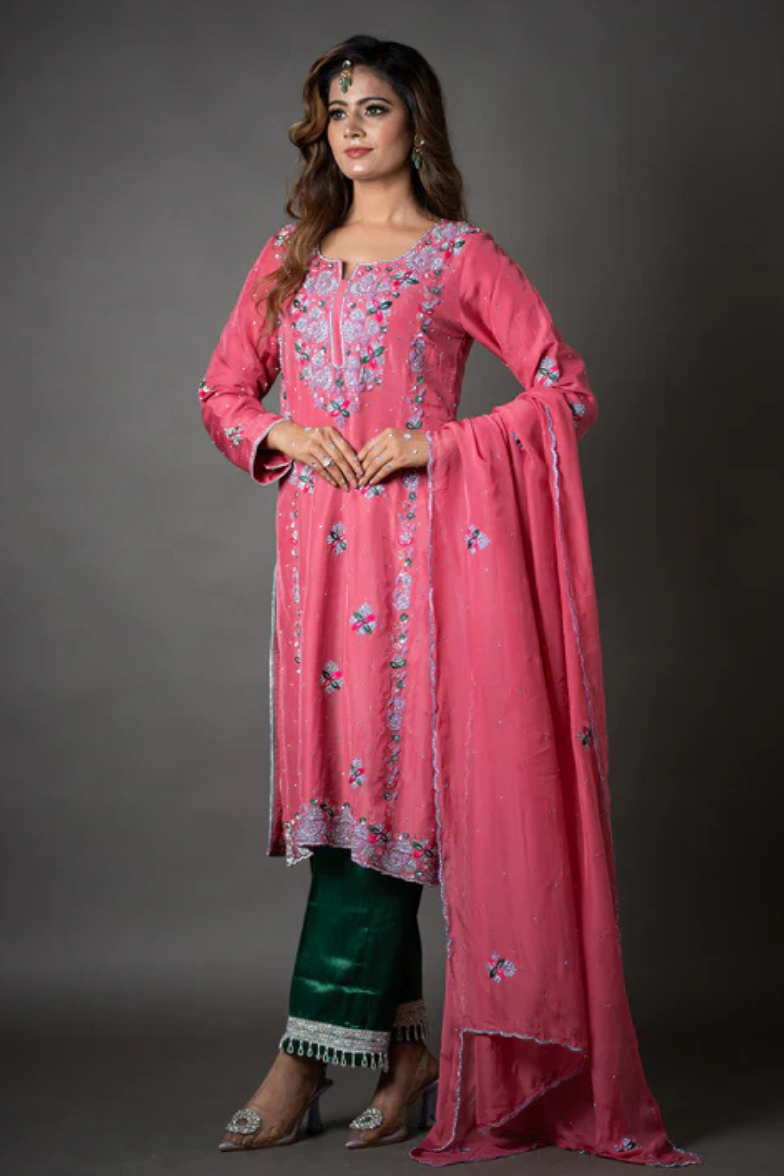 Pink Crepe Silk Kurta Set with Green Satin Pant with Stone Work & Sequin Embroidery
