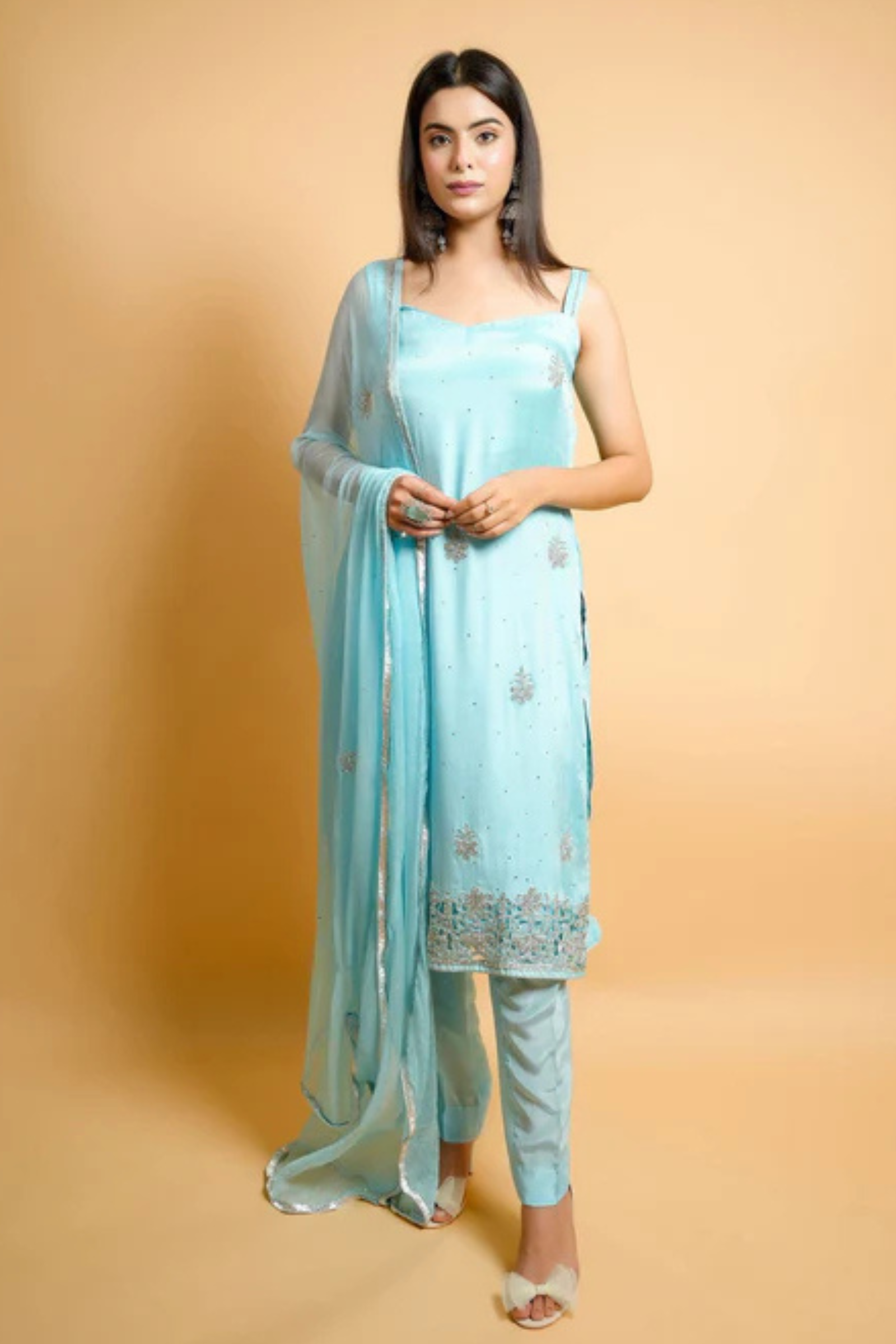 Sky Blue Swarovski Cutwork Suit with Padded Sleeveless Design