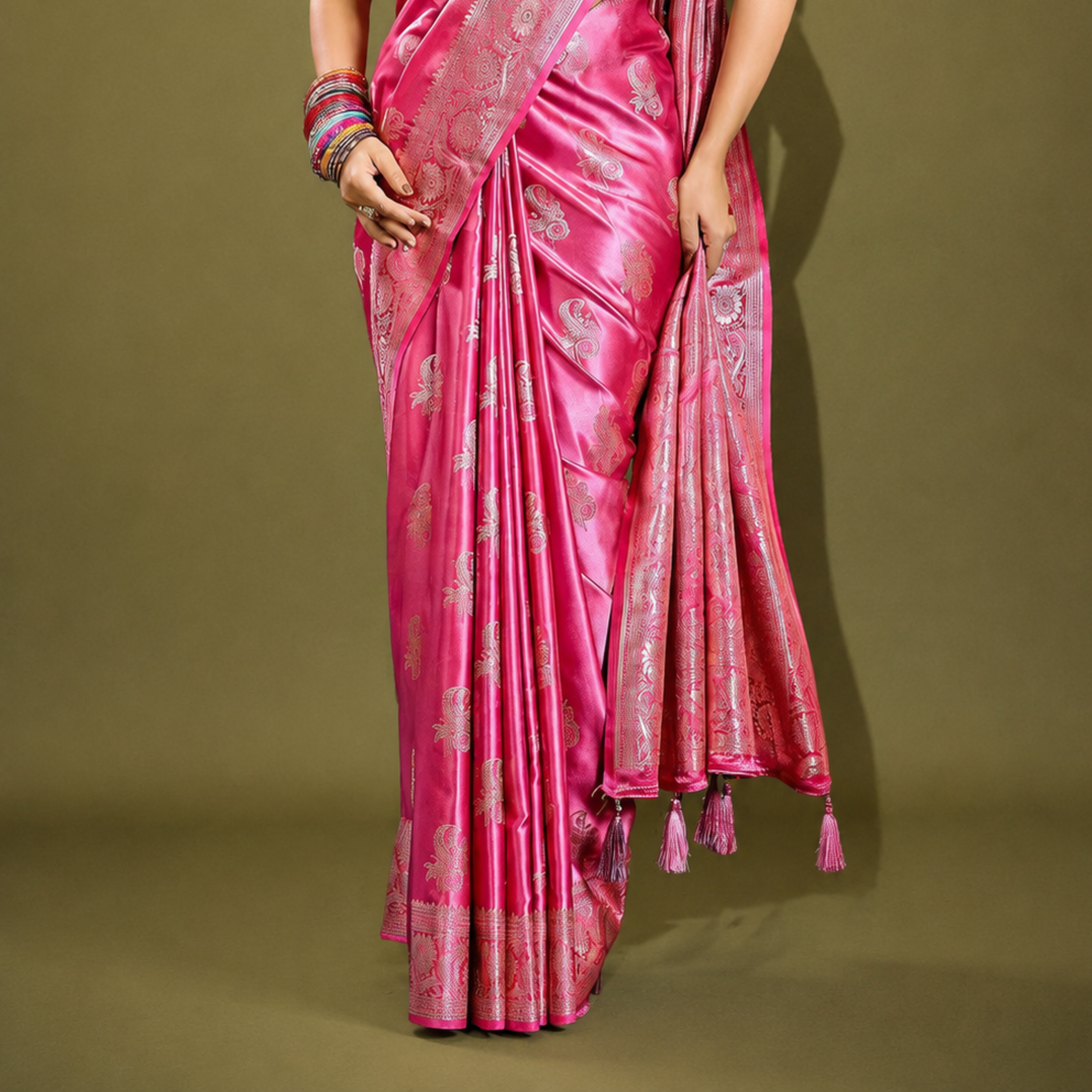 Rani Pink Banarasi Satin Silk Rich Pallu Saree with Silver Zari Weaving Detailing