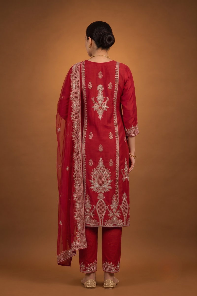 Red Silk Kurta Set with White Lucknowi Embroidery & Intricate Thread Work