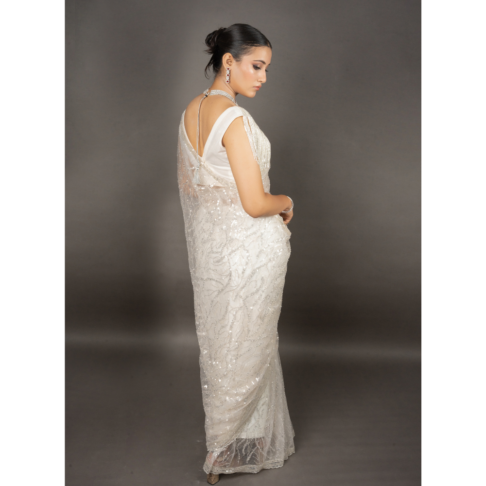 Ivory White Super Net Saree Sequined Handwork