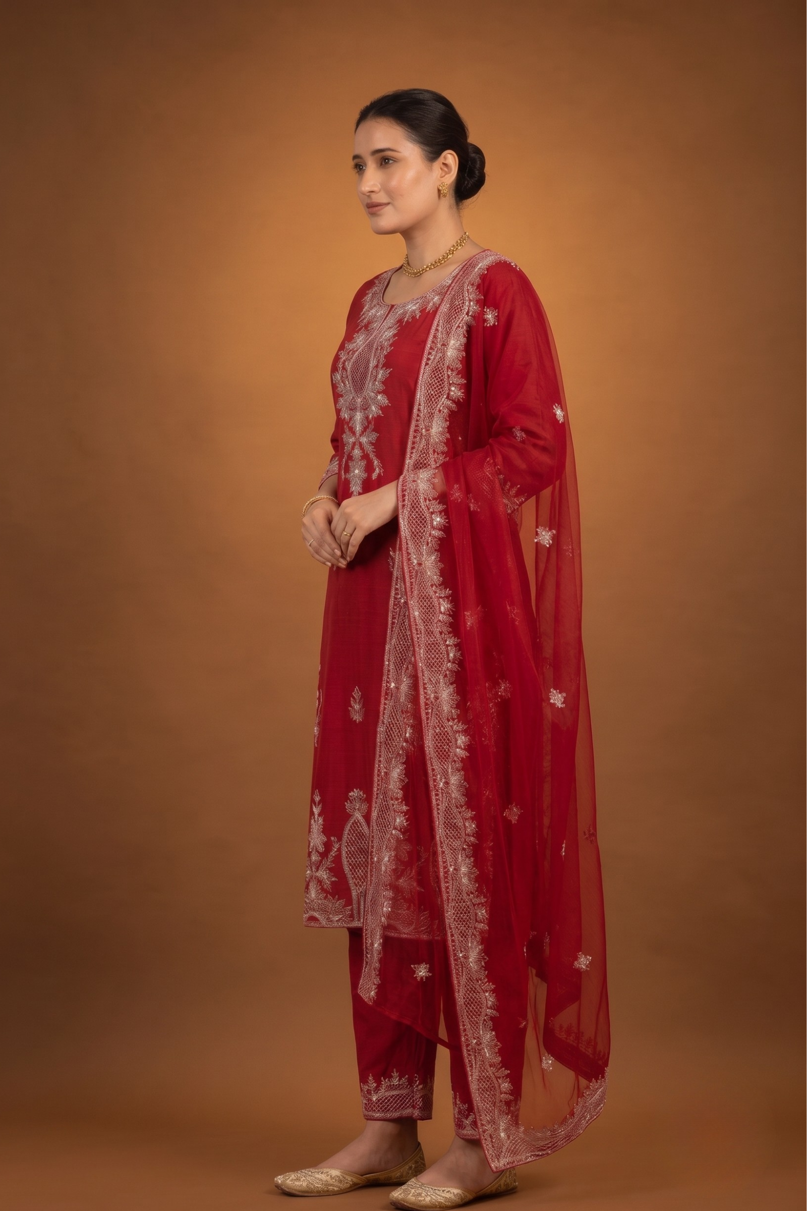 Red Silk Kurta Set with White Lucknowi Embroidery & Intricate Thread Work