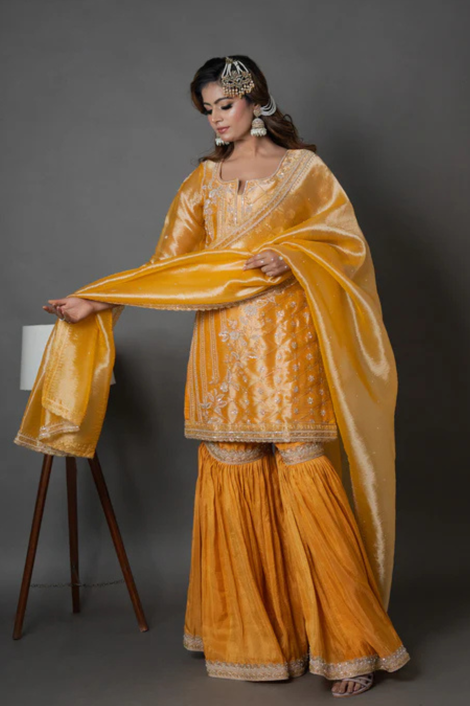 Mustard Yellow Organza Kurta Gharara Set with Zari, Sequin & Pearl Hand Embroidery Work
