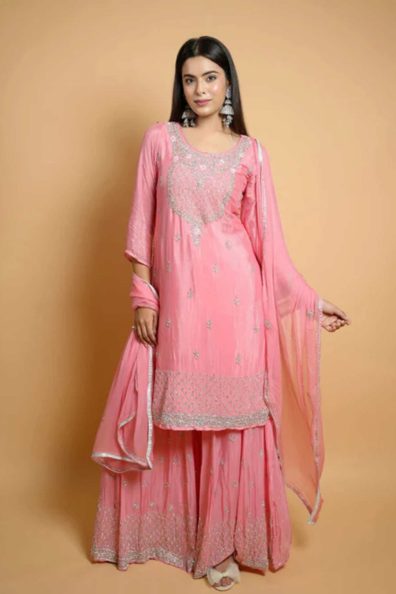 Peach Georgette Hand-Embroidered Sharara Suit