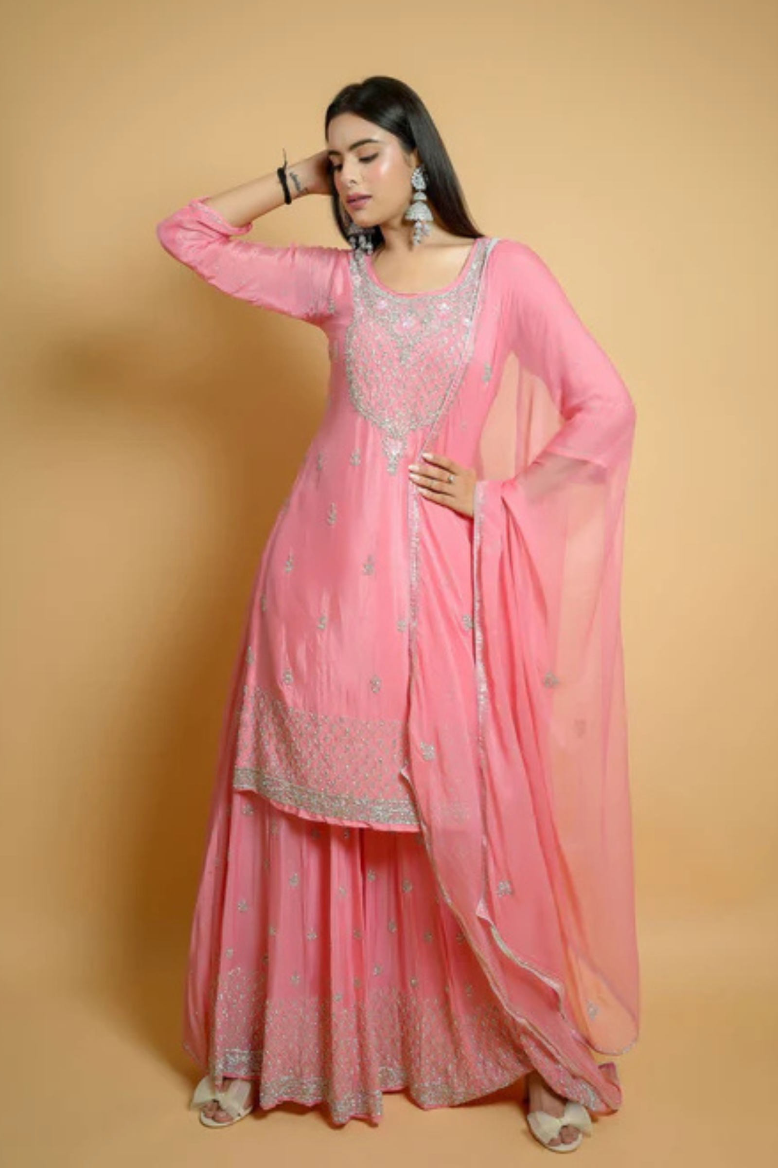 Peach Georgette Hand-Embroidered Sharara Suit