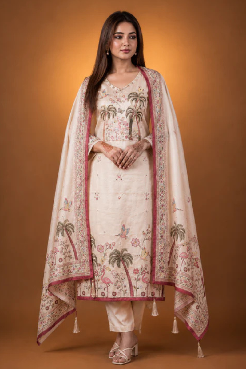 Cream Crepe Silk Straight Kurta-Set with Straight Pant and Dupatta With Pichwai Art Work