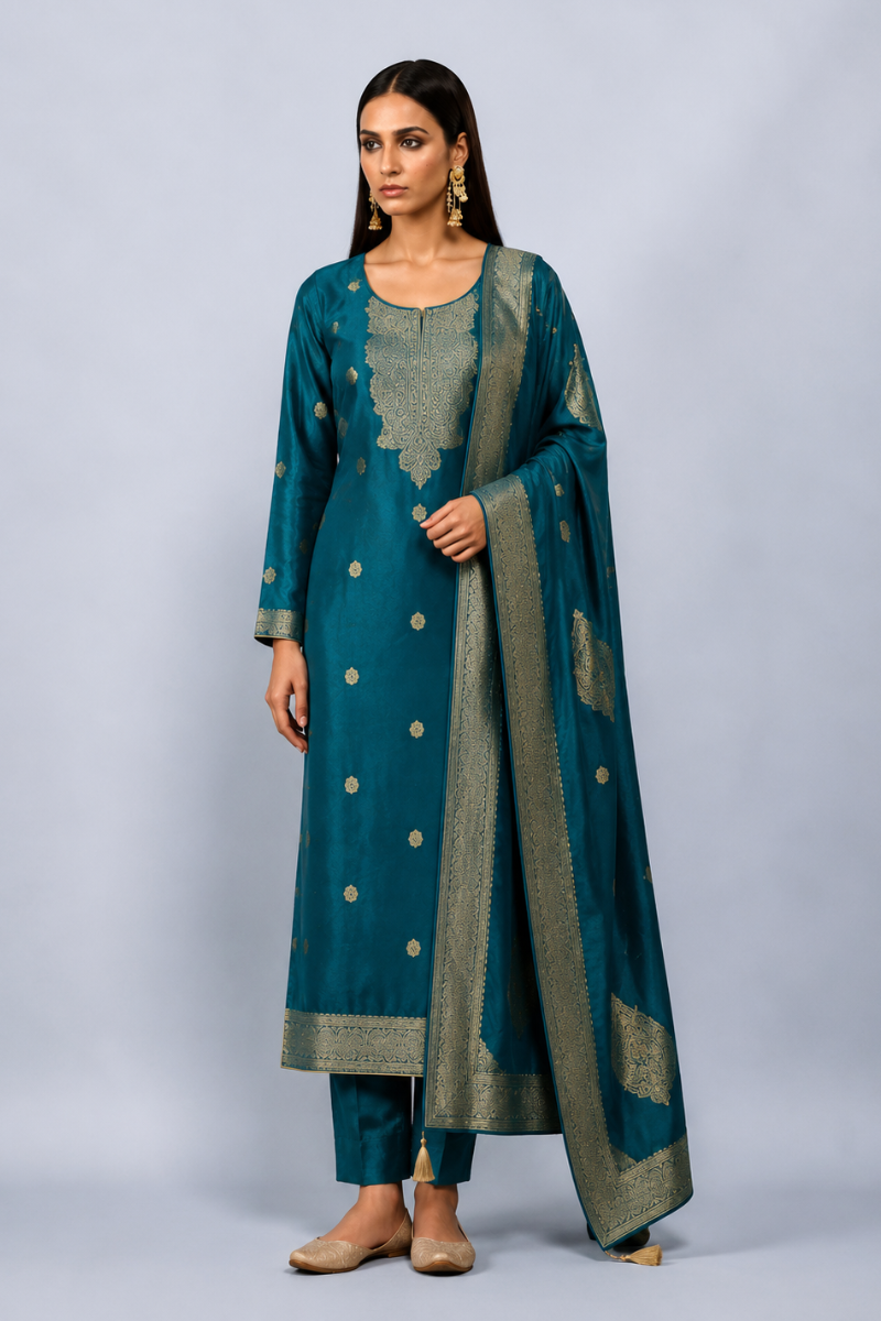 Turquoise Blue Premium Viscose Woven Silk Jacquard Suit Set with Hand Work Design