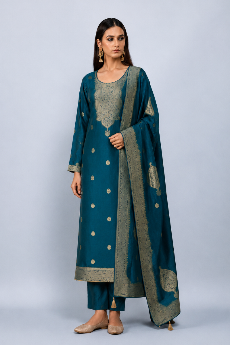 Turquoise Blue Premium Viscose Woven Silk Jacquard Suit Set with Hand Work Design