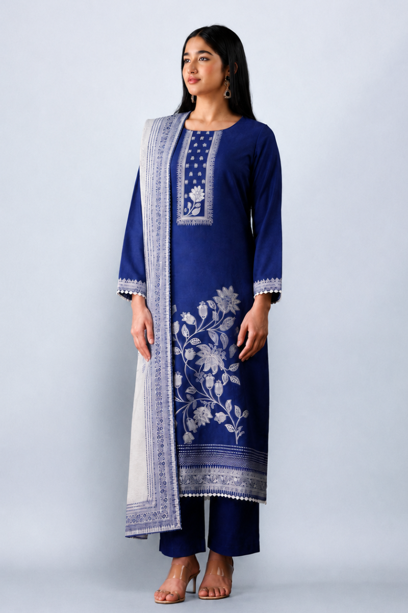 Royal Blue Pure Bemberg Banarasi Jamdani Suit Set with Crochet Lace Design