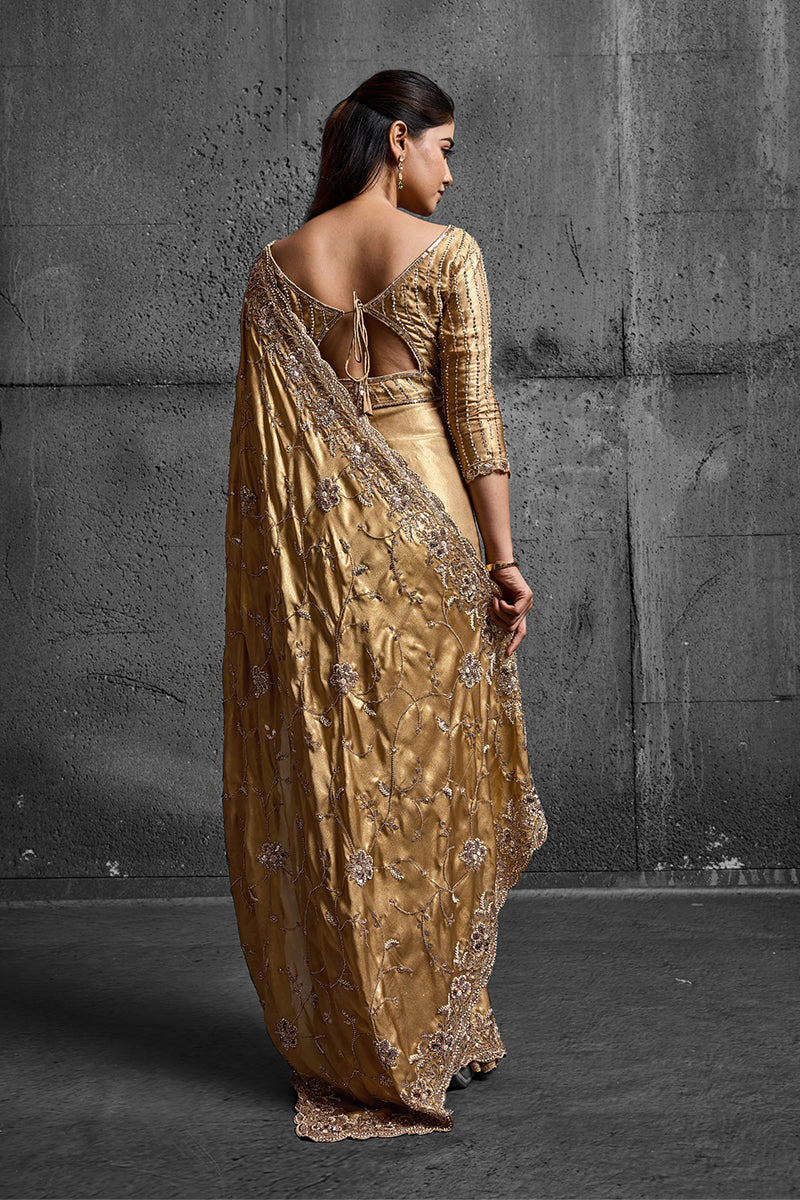 Warm Golden Silk Saree with Hand Embroidery With Stitched Blouse