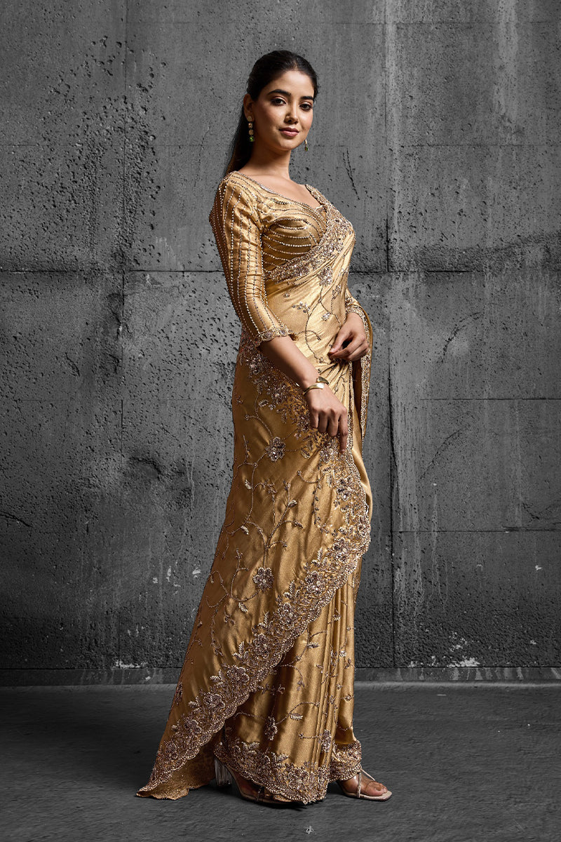 Warm Golden Silk Saree with Hand Embroidery With Stitched Blouse