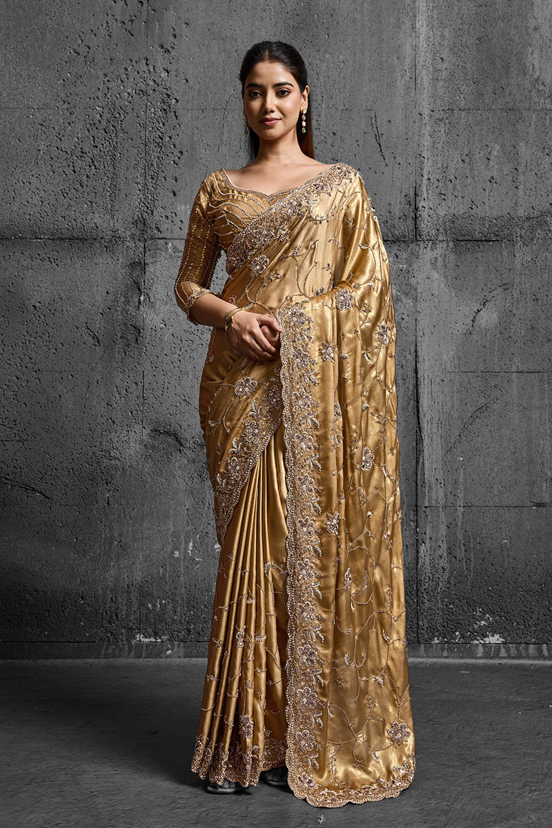 Warm Golden Silk Saree with Hand Embroidery With Stitched Blouse