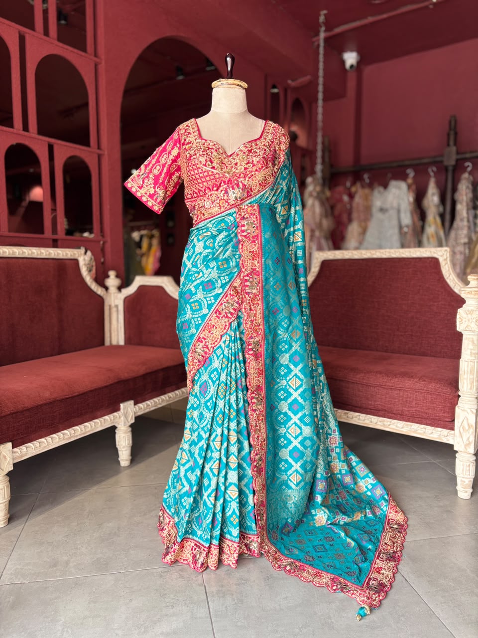 Blue Silk Saree with Bandhani Print | Two Blouse Concept
