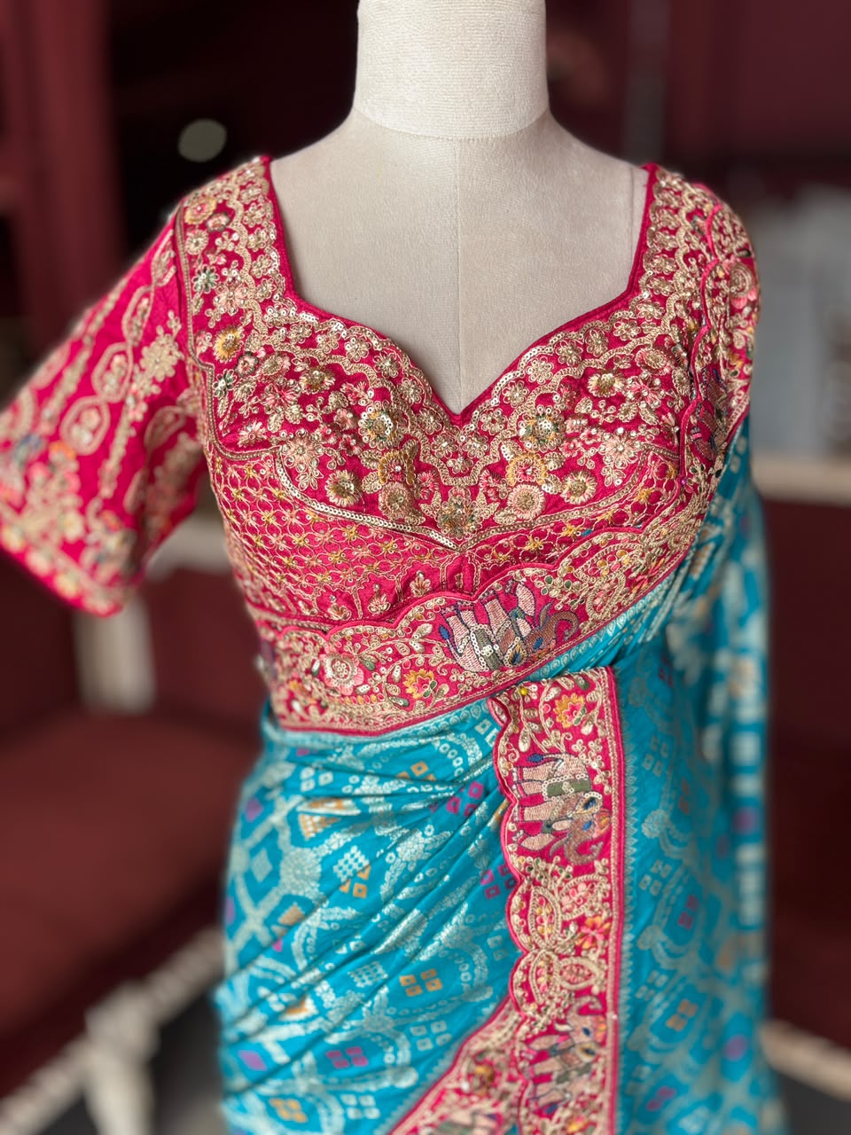 Blue Silk Saree with Bandhani Print | Two Blouse Concept