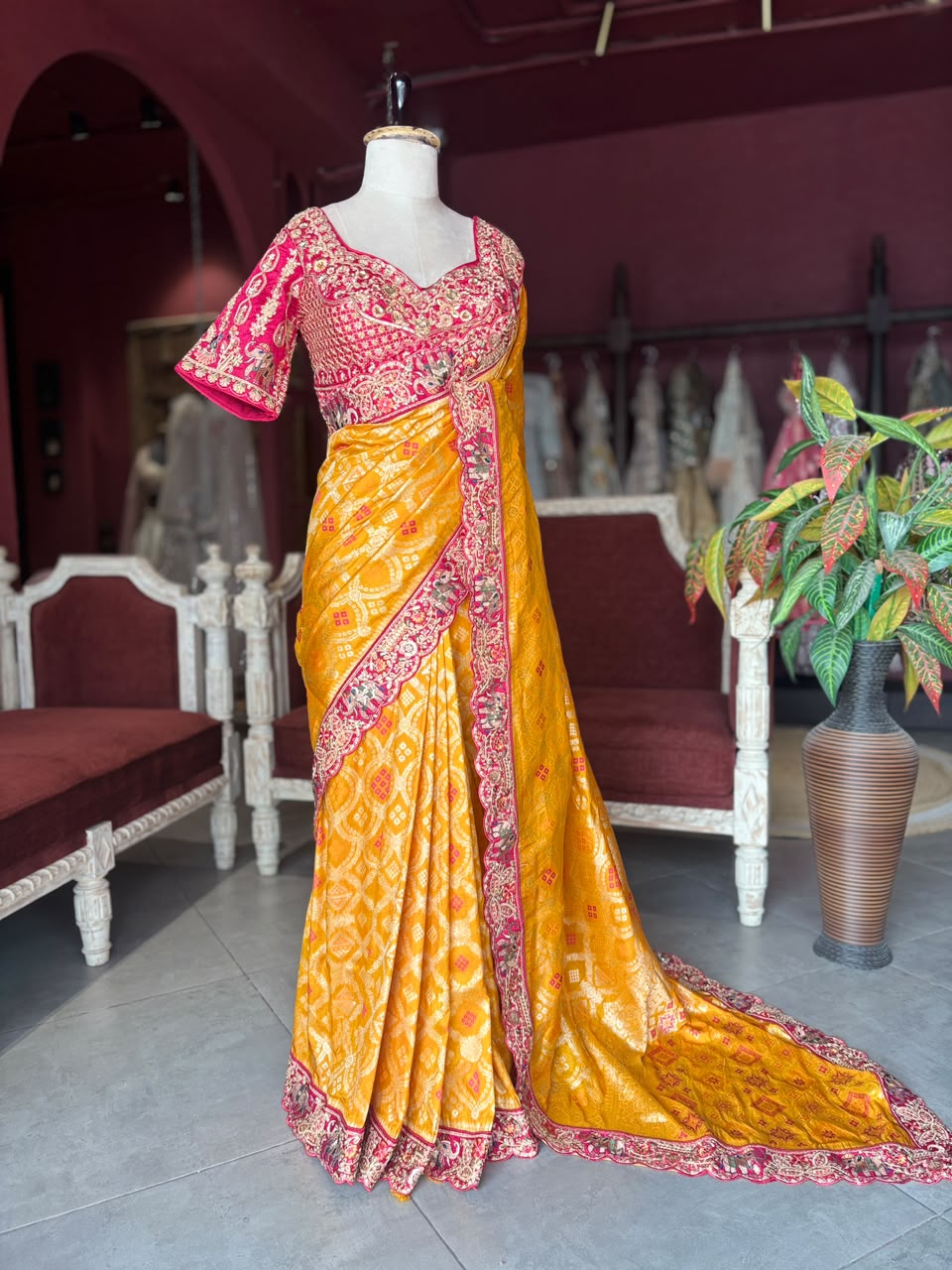 Yellow Silk Saree with Bandhani Print | Two Blouse Concept