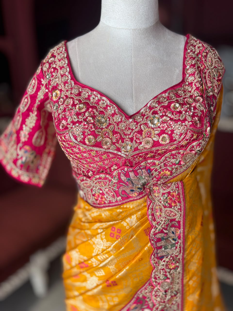 Yellow Silk Saree with Bandhani Print | Two Blouse Concept