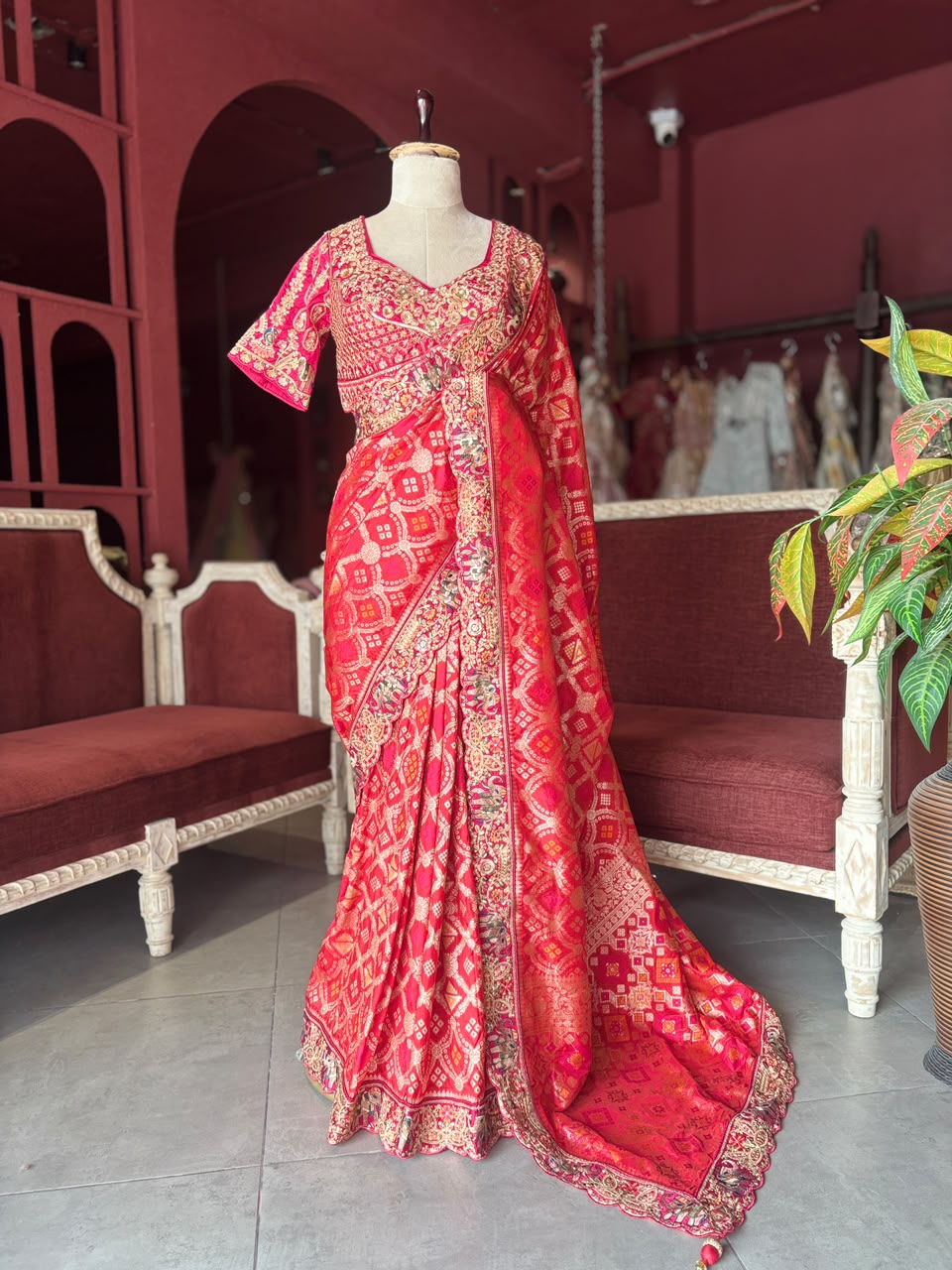 Red Silk Saree with Bandhani Print | Two Blouse Concept