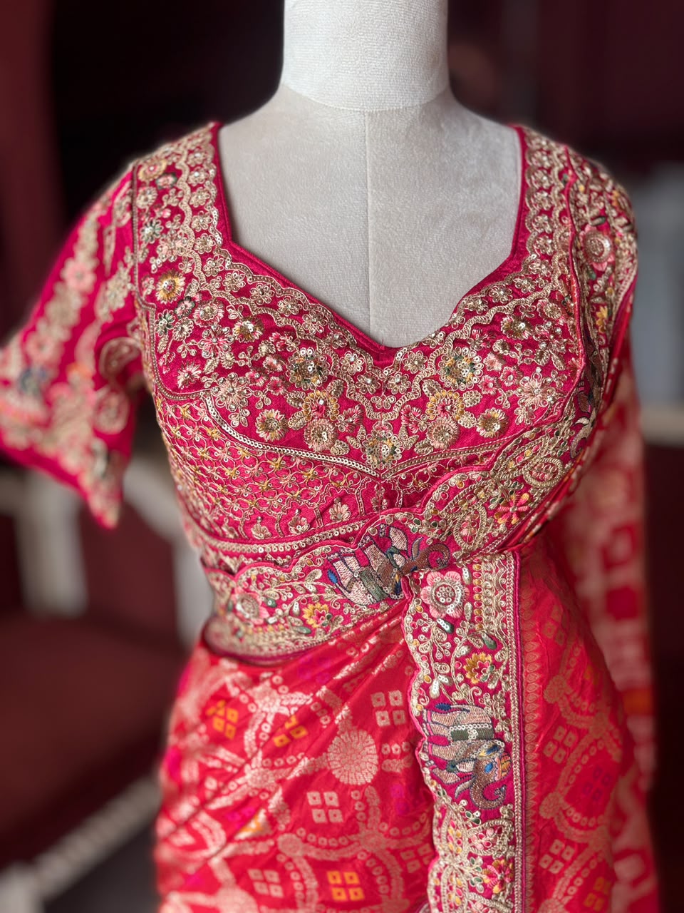 Red Silk Saree with Bandhani Print | Two Blouse Concept