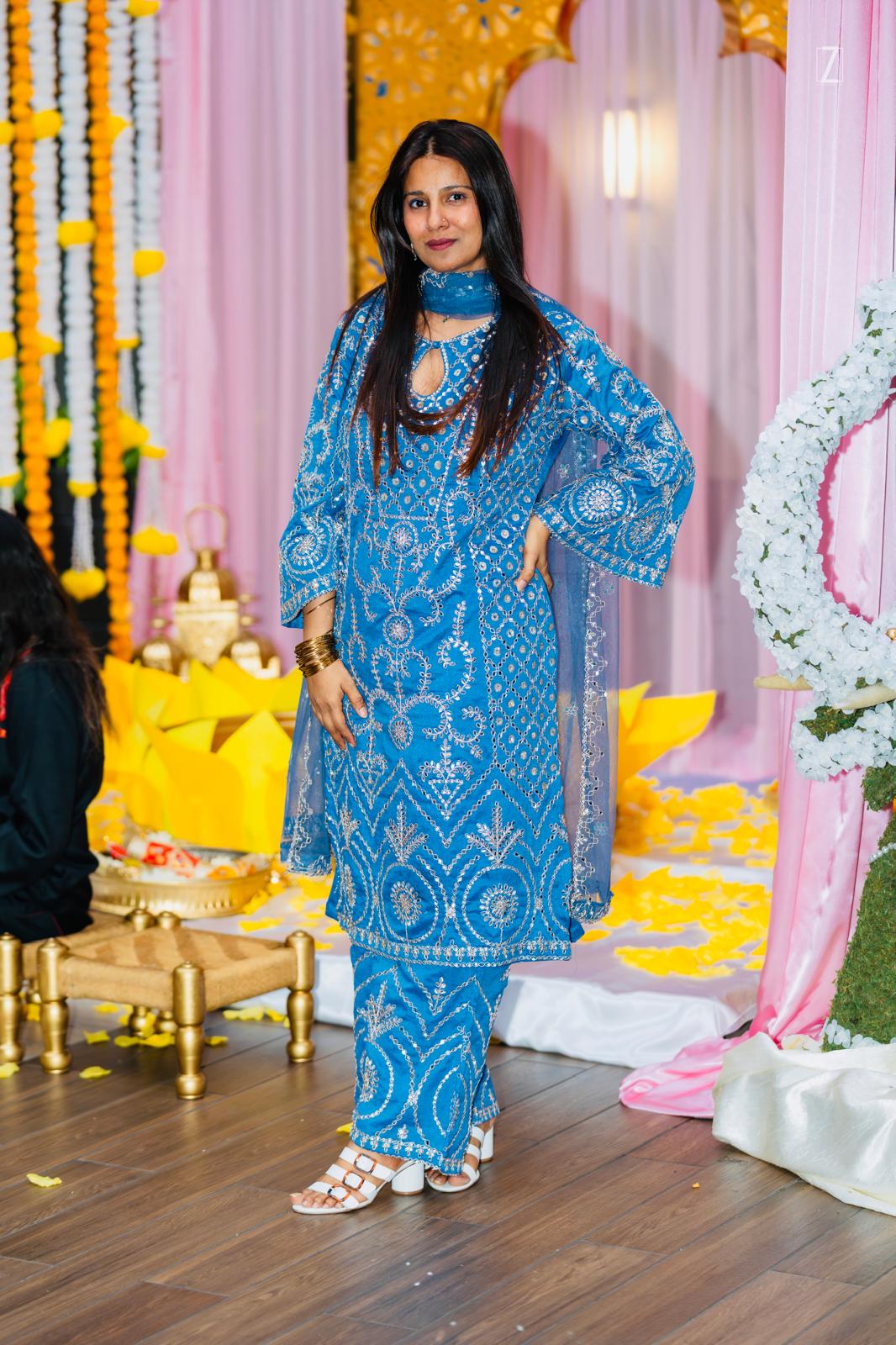 Sky Blue Silk Suit Set With Zari Embroidery