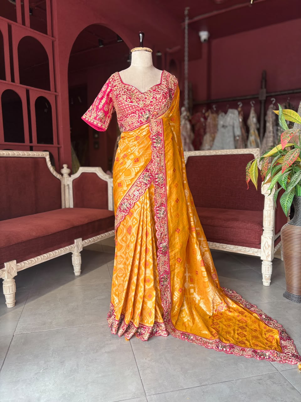 Yellow Silk Saree with Bandhani Print | Two Blouse Concept