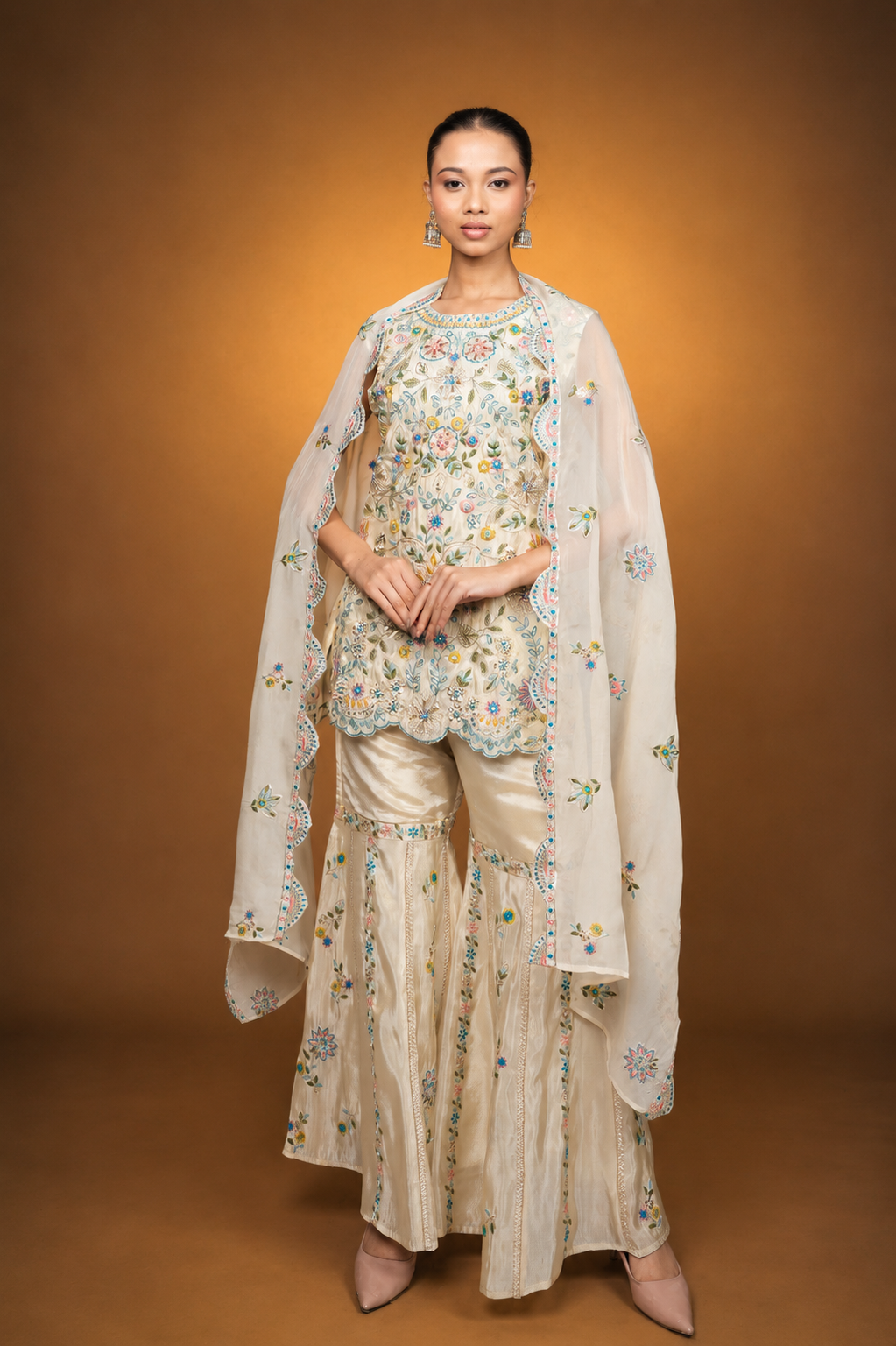Ivory Cream White Crepe Garara Set with Pearl Embroidery