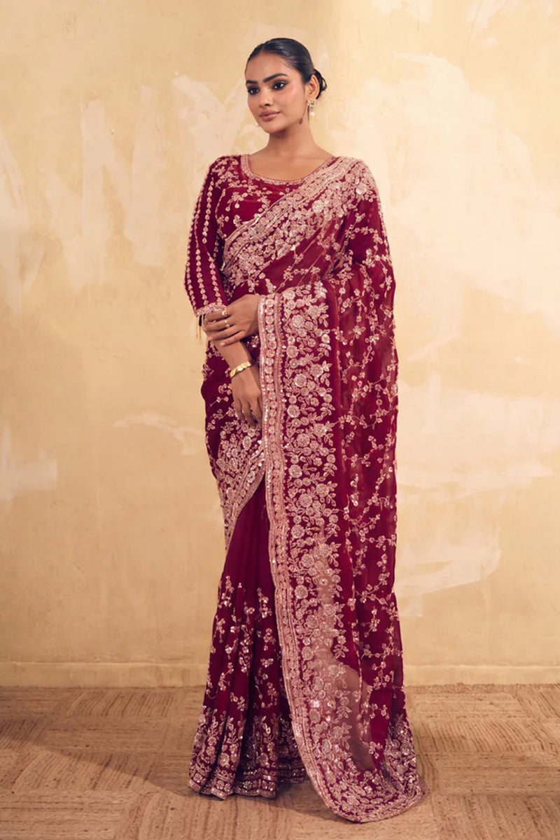 Wine Maroon Organza Silk Saree with Hand Embroidery with Stitched Blouse
