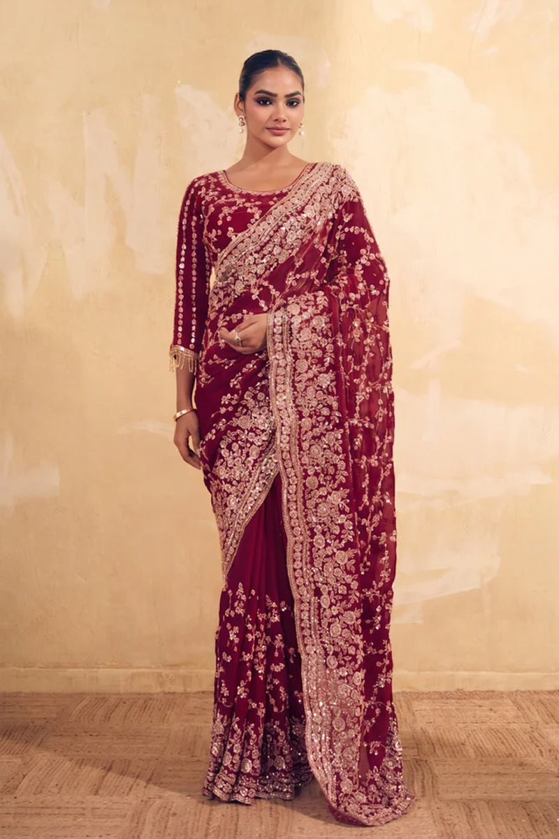 Wine Maroon Organza Silk Saree with Hand Embroidery with Stitched Blouse