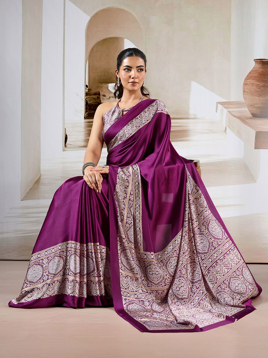 Wine Red Pure Satin Modal Silk Saree with Ajrakh Print - Mayrake.in