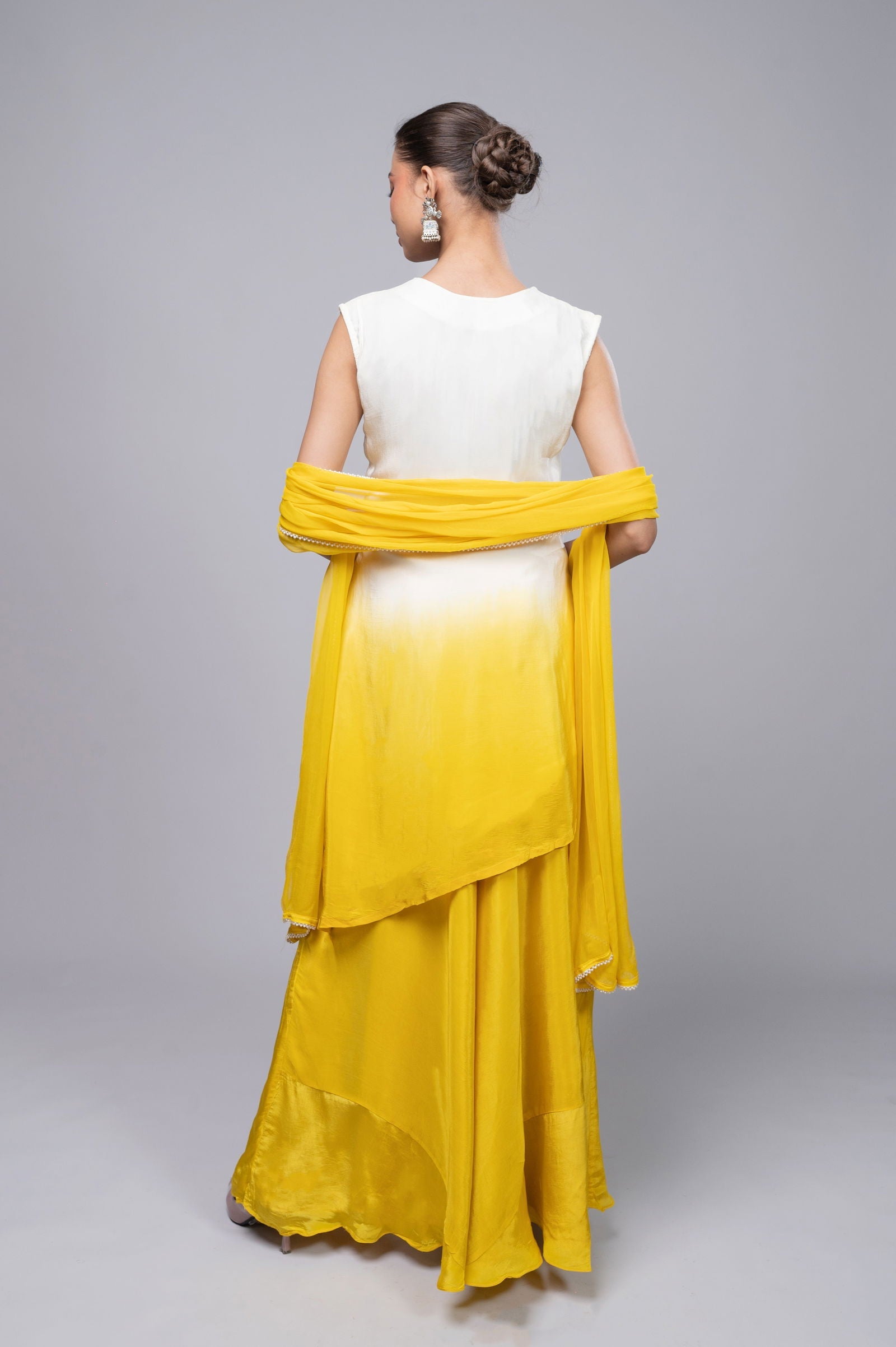 Yellow-Ivory Cream Shaded Crepe Palazzo Suit with Pearl Embroidered Work - Mayrake.in