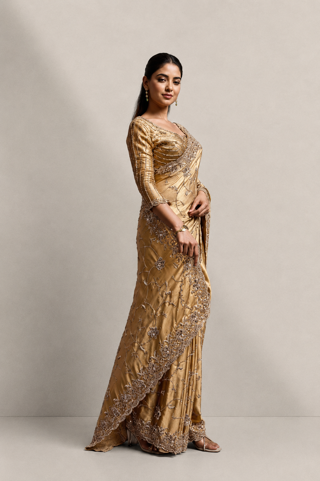 Warm Golden Silk Saree with Hand Embroidery With Stitched Blouse