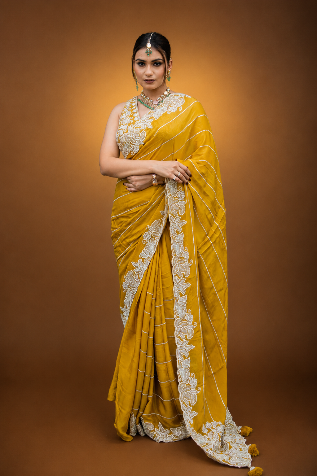 Two Blouse Concept – Marigold Yellow Designer Georgette Saree with White and Silver Embroidery