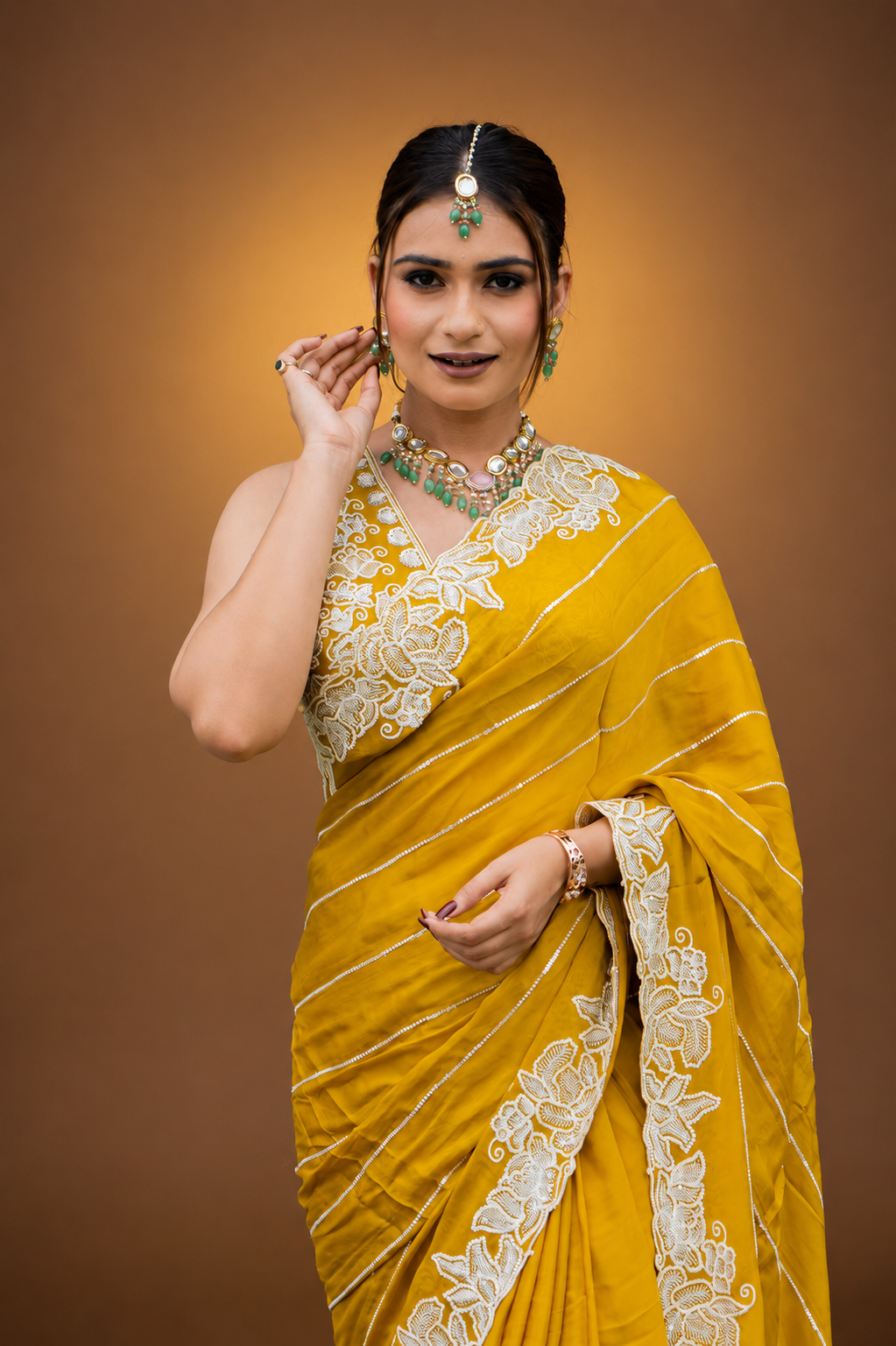 Two Blouse Concept – Marigold Yellow Designer Georgette Saree with White and Silver Embroidery