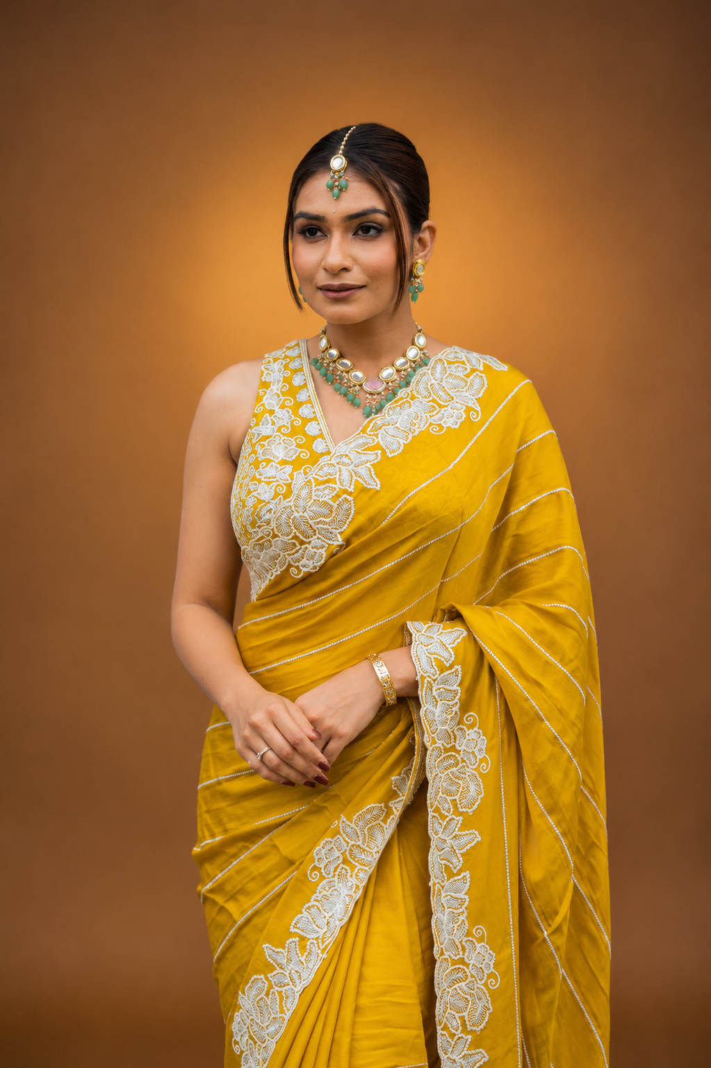 Two Blouse Concept – Marigold Yellow Designer Georgette Saree with White and Silver Embroidery