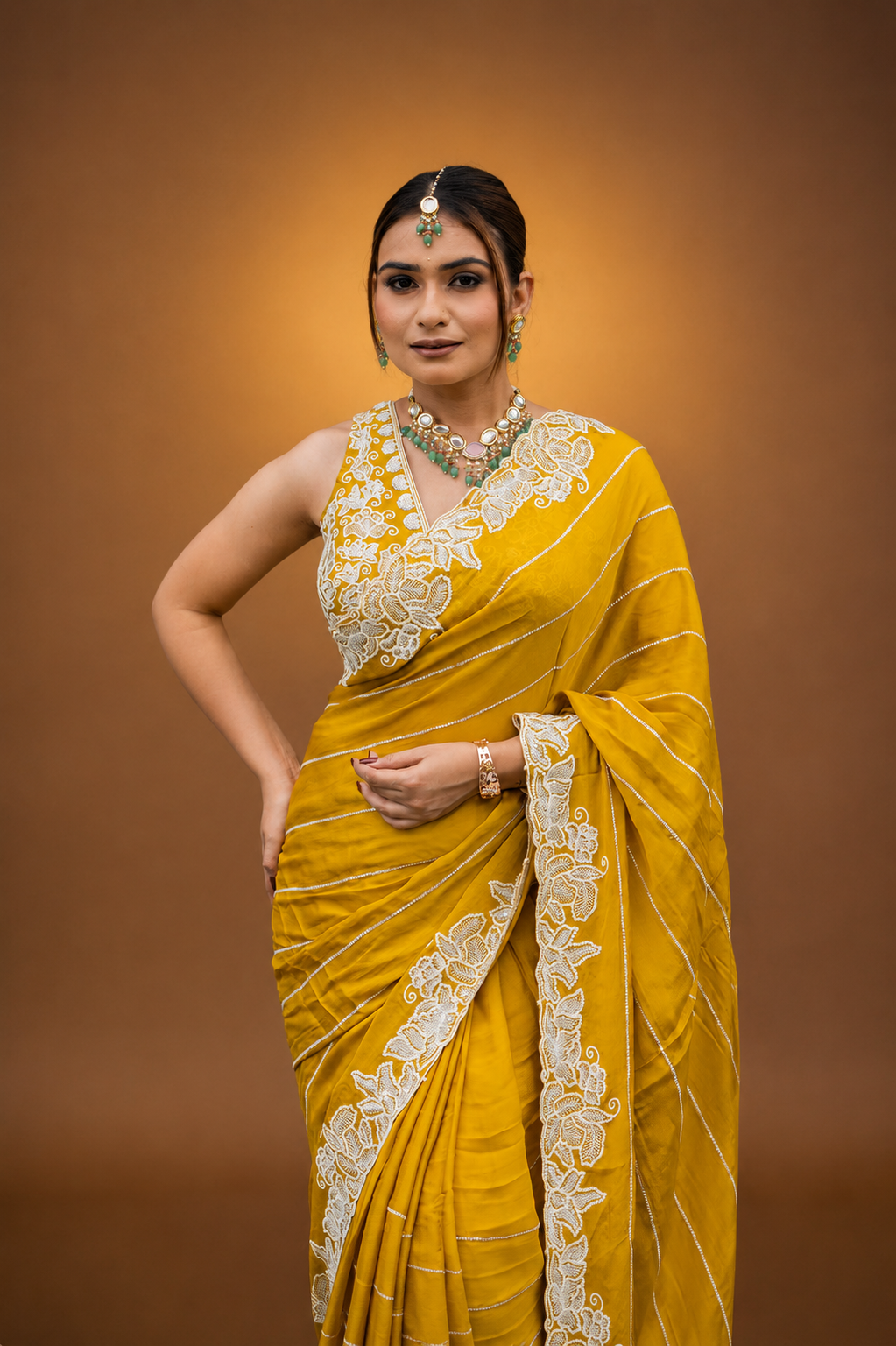 Two Blouse Concept – Marigold Yellow Designer Georgette Saree with White and Silver Embroidery