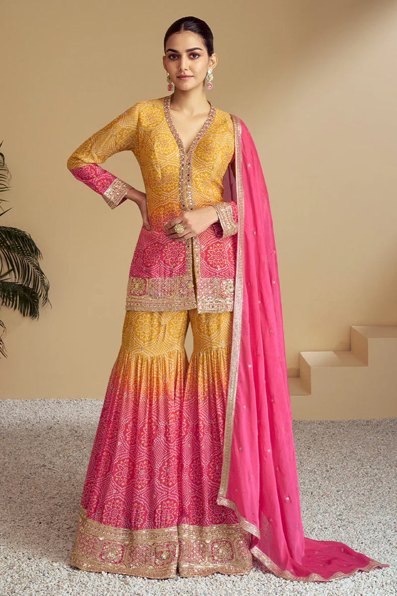 Yellow Pink Bandhani Print Sharara Silk Suit with Zari Work and Matching Dupatta